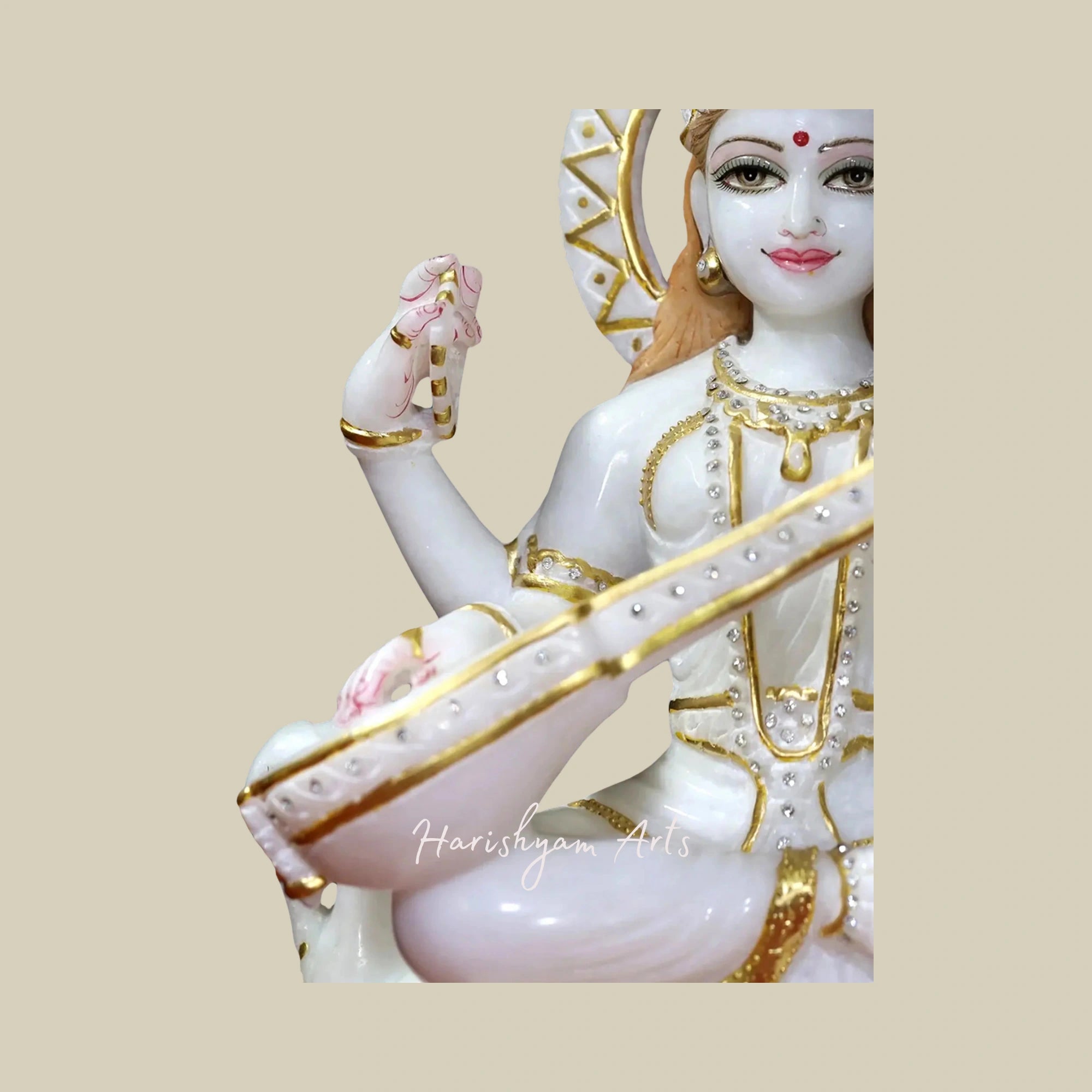 18" Sacred Sculpture of Goddess Saraswati in Super White Makrana Marble6