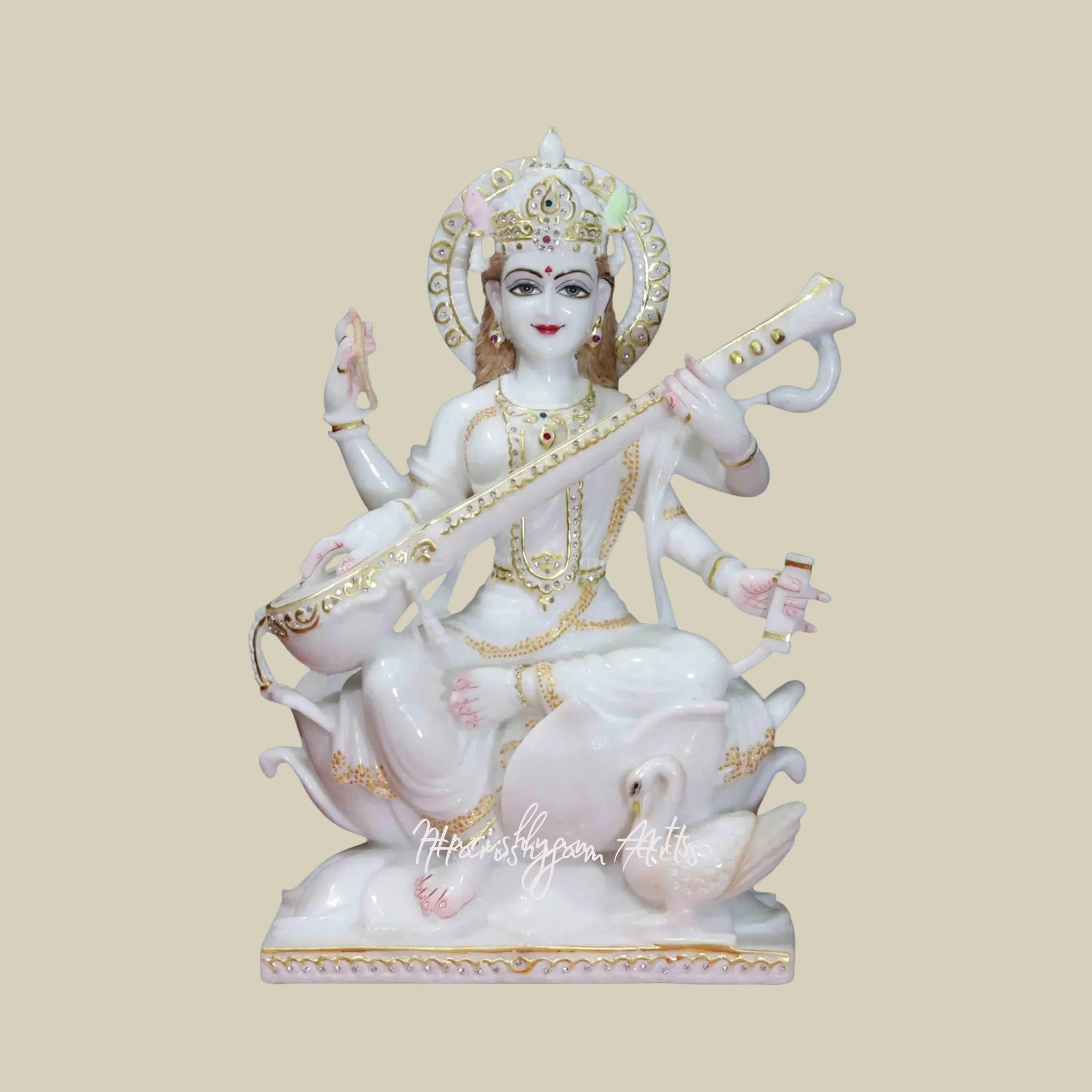 18" Saraswati, Goddess of Knowledge and Arts Super White Makrana Marble Idol1