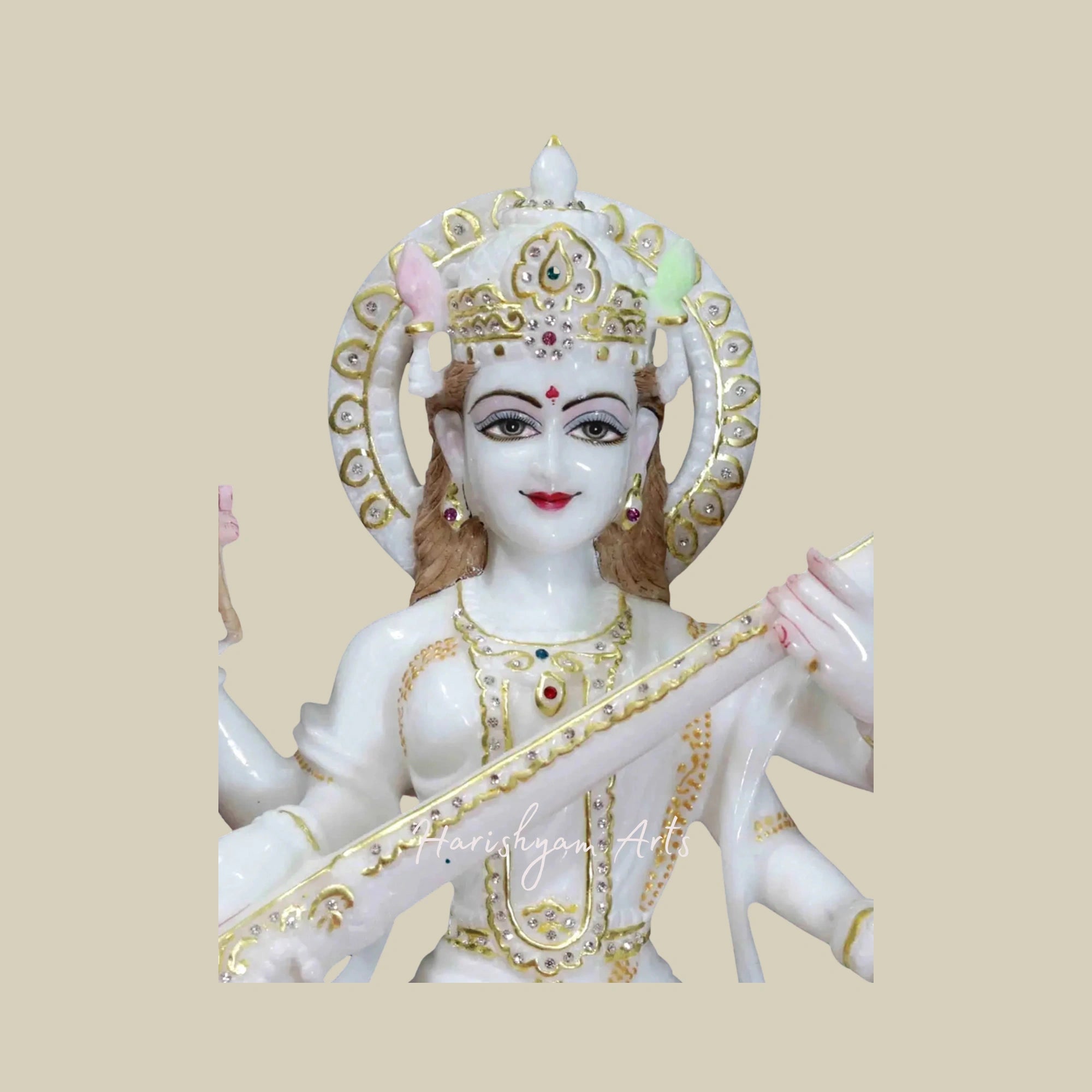 18" Saraswati, Goddess of Knowledge and Arts Super White Makrana Marble Idol4