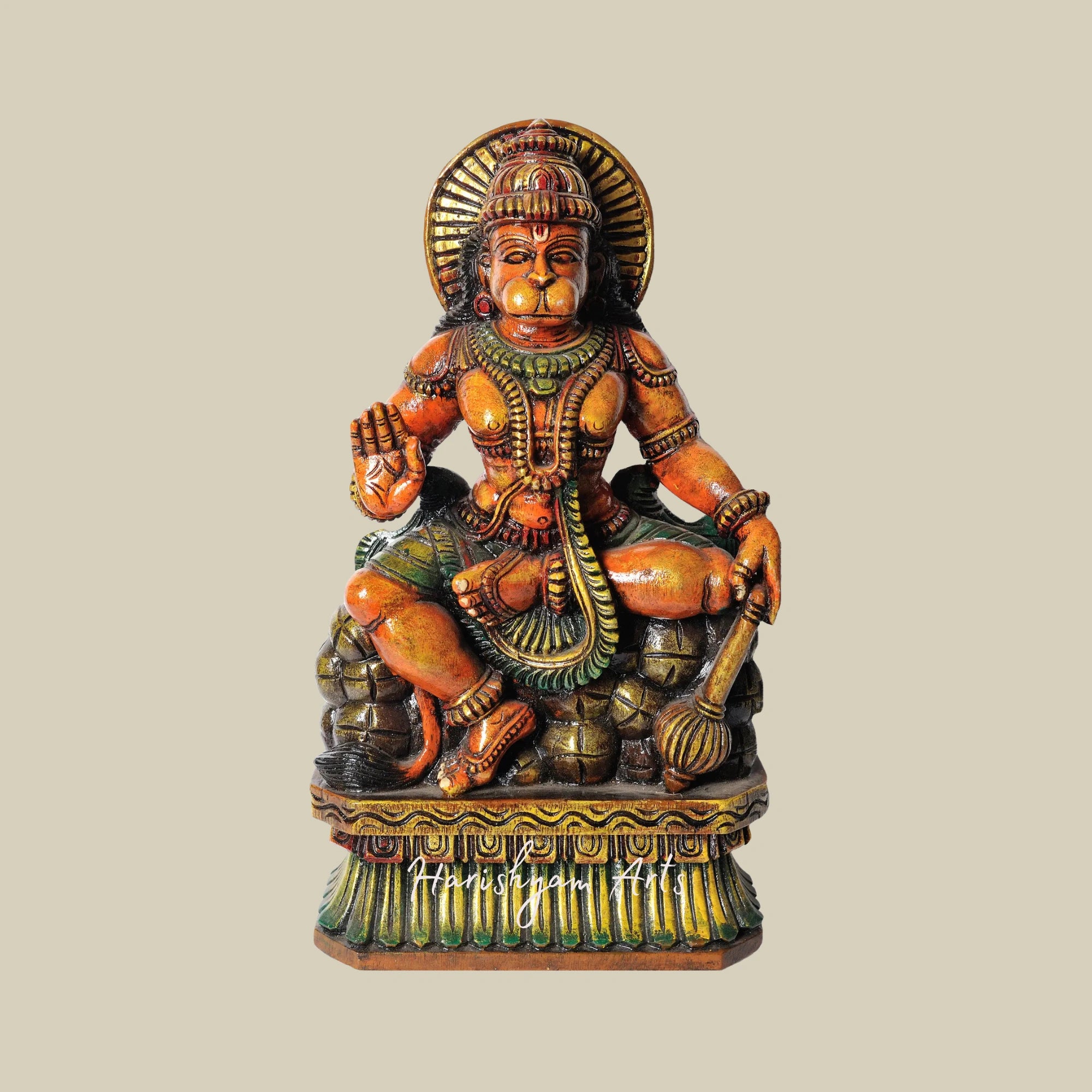 18" Seated Bajrangbali Devotional Wooden Murti