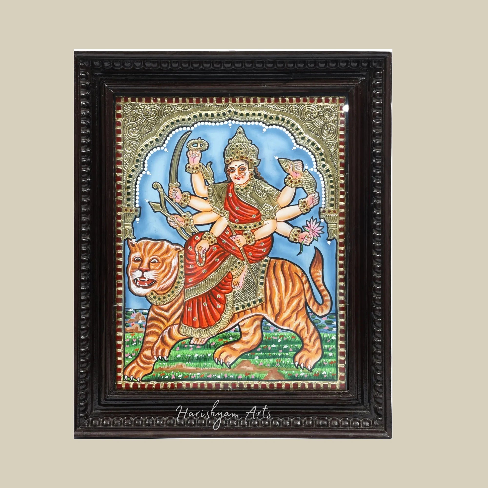 18" Sherawali Maa Tanjore Painting with Handcrafted 24K Gold and Teakwood Frame