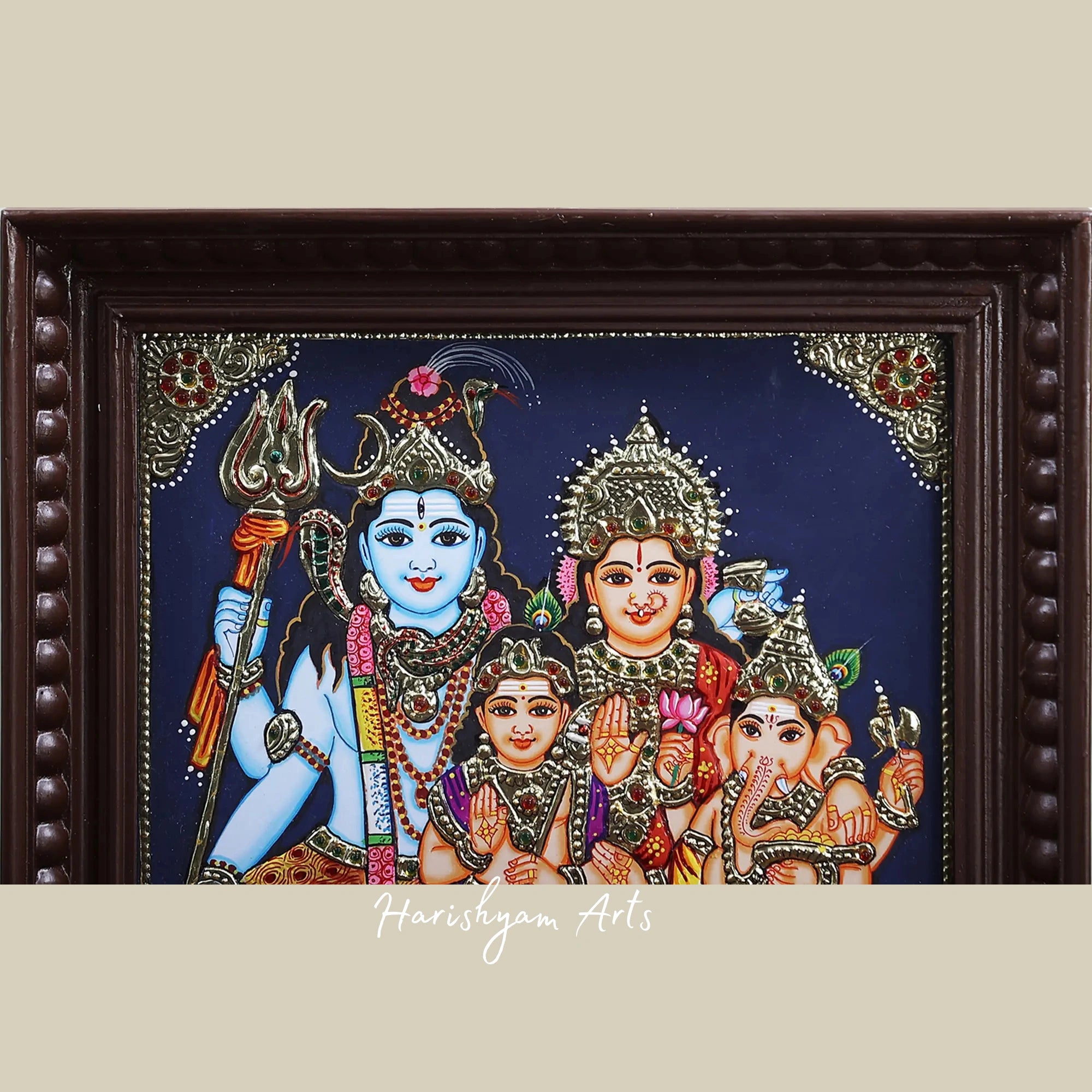 18" Lord Shiva Family Tanjore Painting with 24K Gold and Teakwood Frame