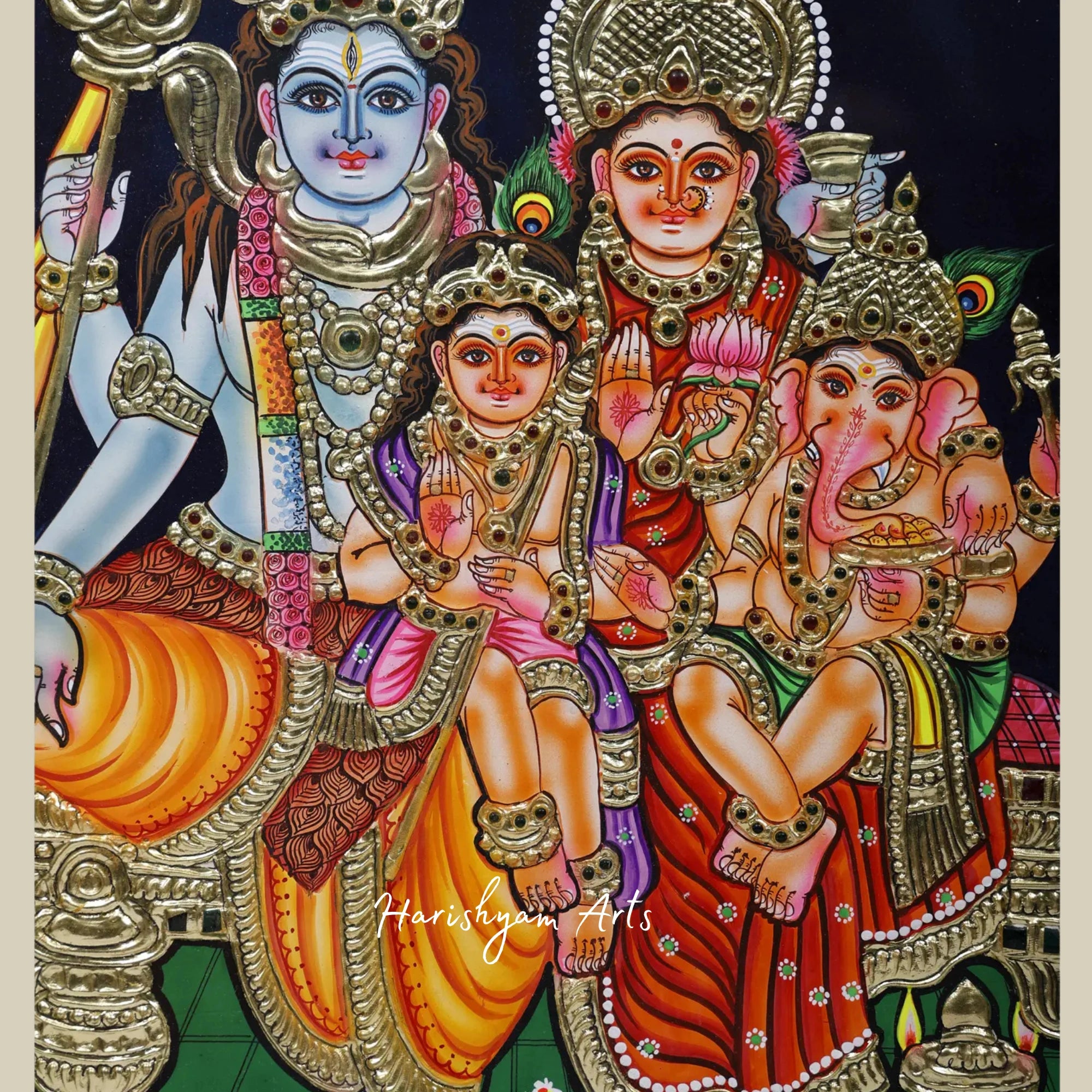 18" Lord Shiva Family Tanjore Painting with 24K Gold and Teakwood Frame