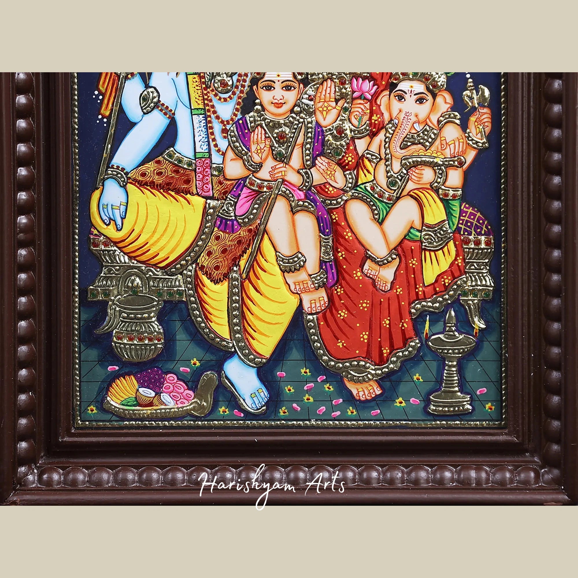 18" Shiva Family Tanjore Painting with 24K Gold Detailing and Teakwood Frame