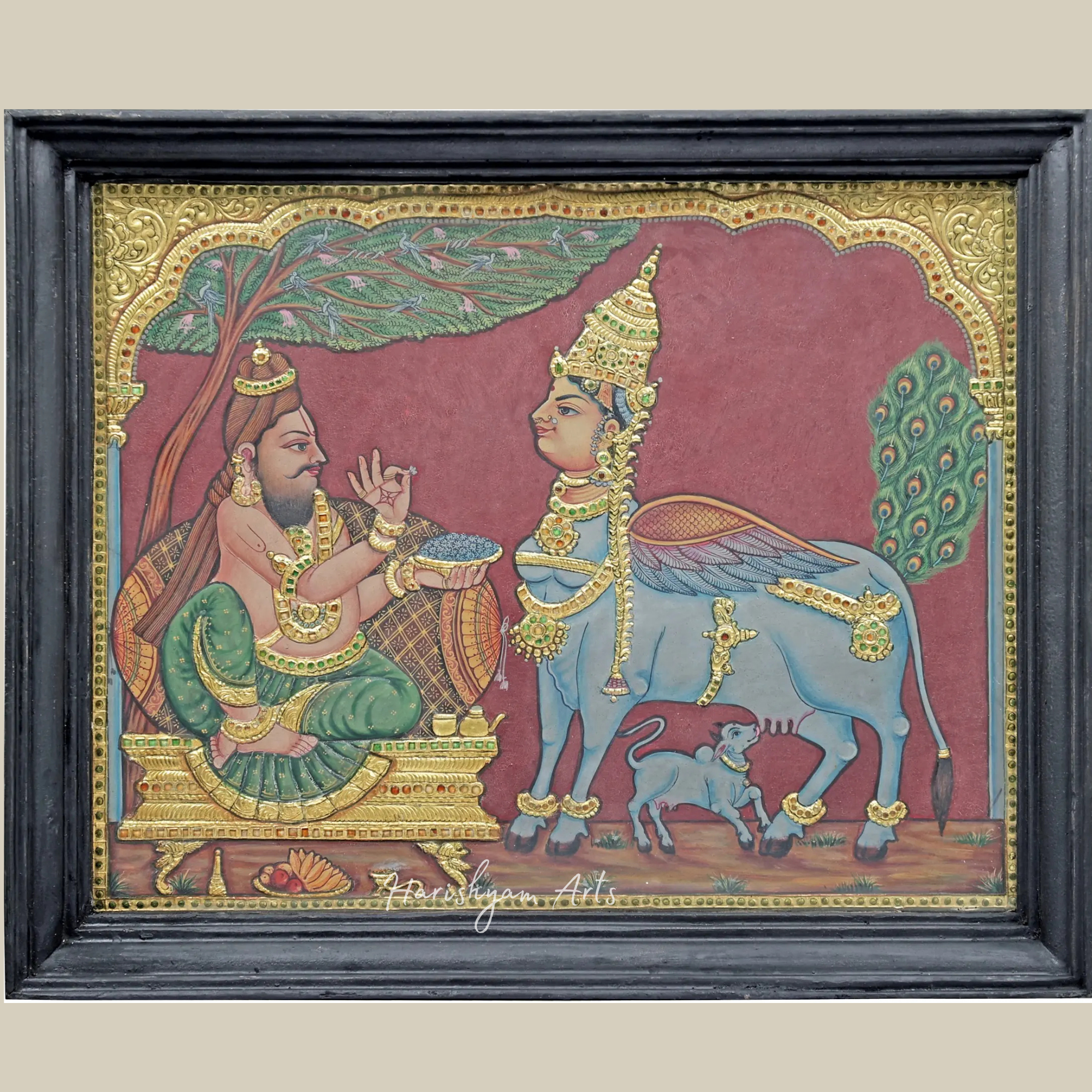 18" Tanjore Painting of Sage Kashyapa Offering Prayers to Kamadhenu Cow