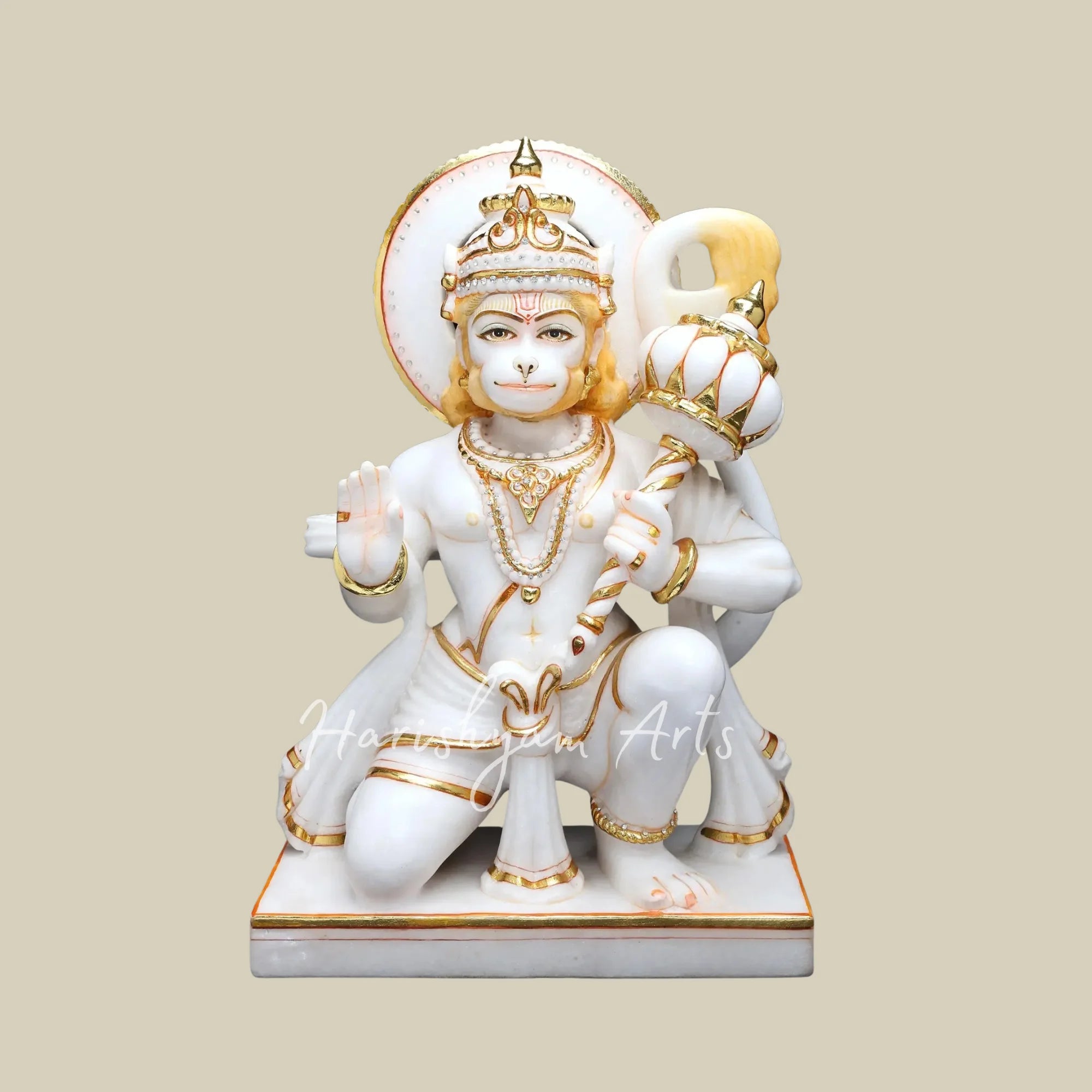 18" White Marble Bajrangbali Hanuman Statue with Golden Gada and Blessing Pose