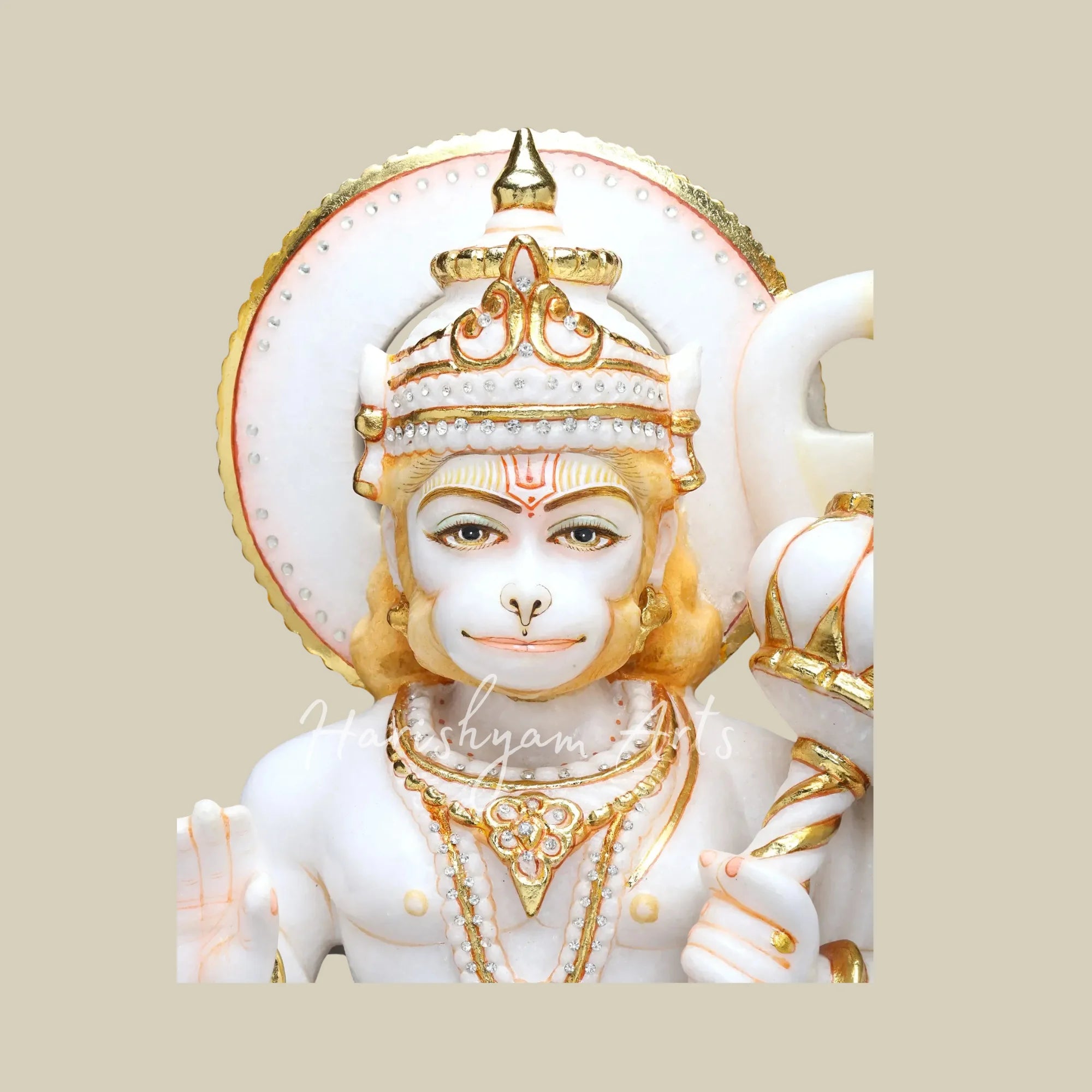 18" White Marble Bajrangbali Hanuman Statue with Golden Gada and Blessing Pose