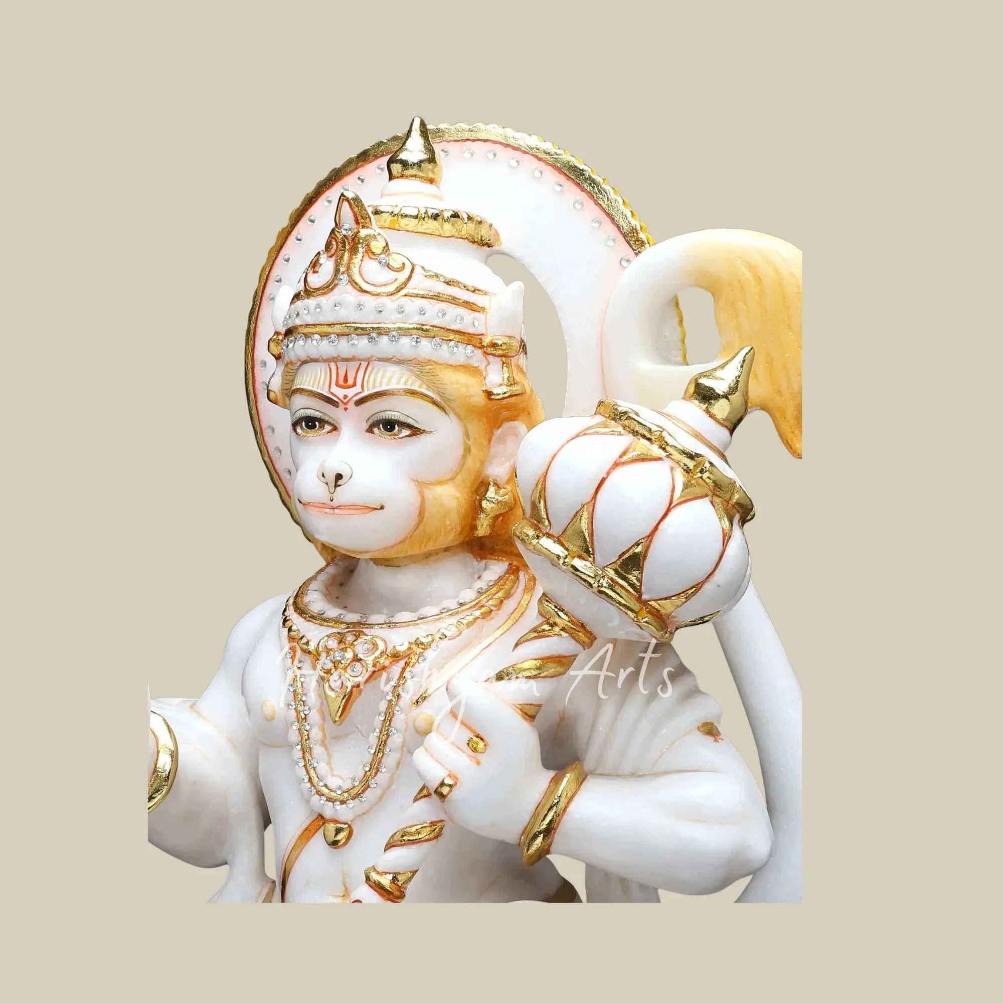 18" White Marble Bajrangbali Hanuman Statue with Golden Gada and Blessing Pose