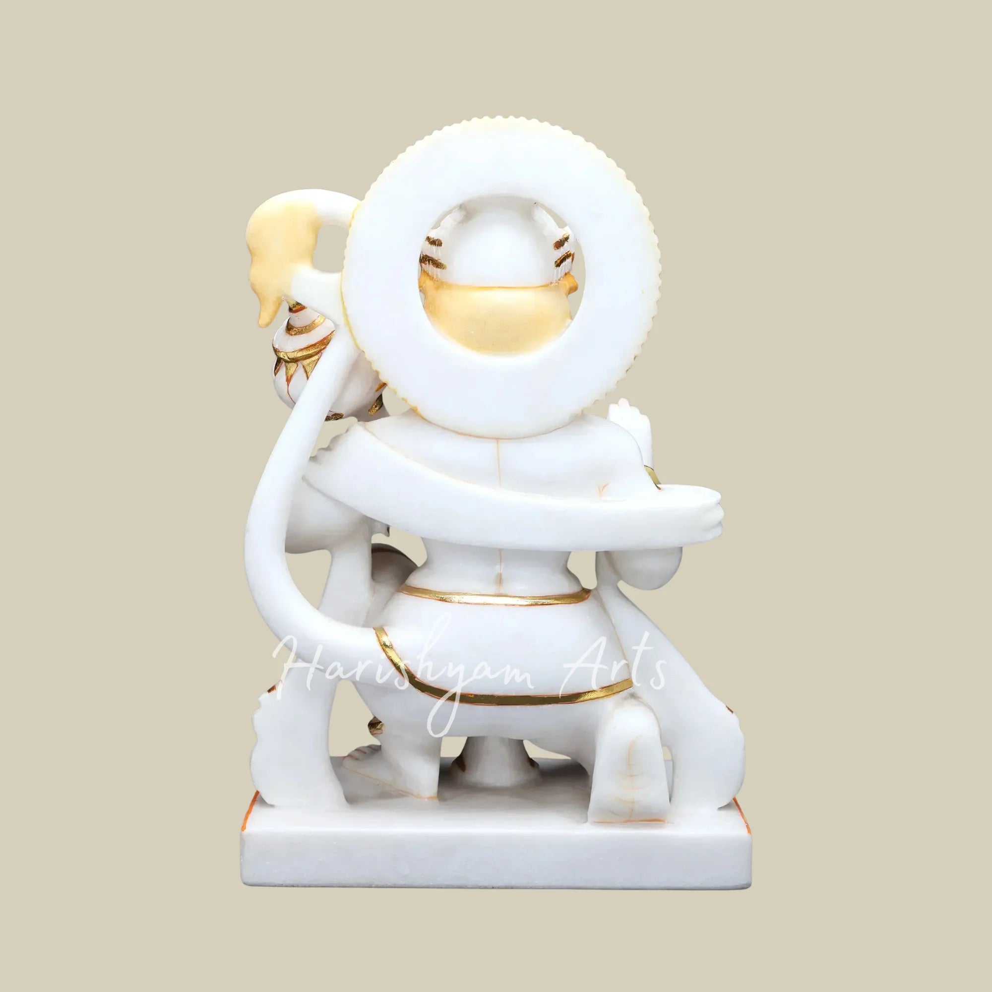 18" White Marble Bajrangbali Hanuman Statue with Golden Gada and Blessing Pose