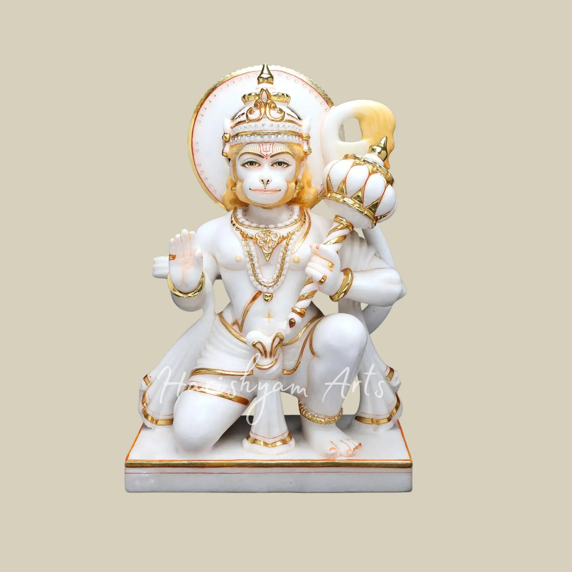 18" White Marble Bajrangbali Hanuman Statue with Golden Gada and Blessing Pose