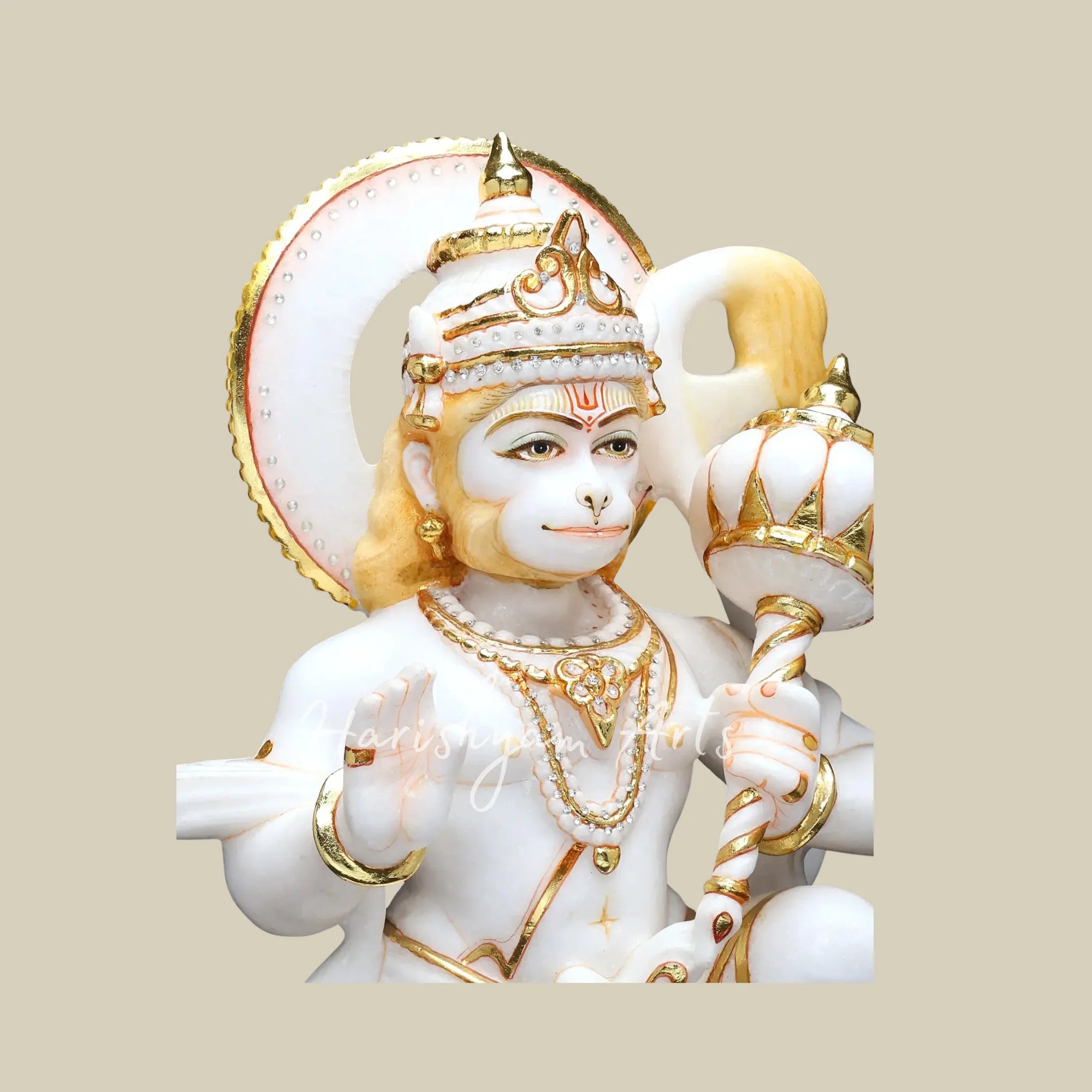 18" White Marble Bajrangbali Hanuman Statue with Golden Gada and Blessing Pose