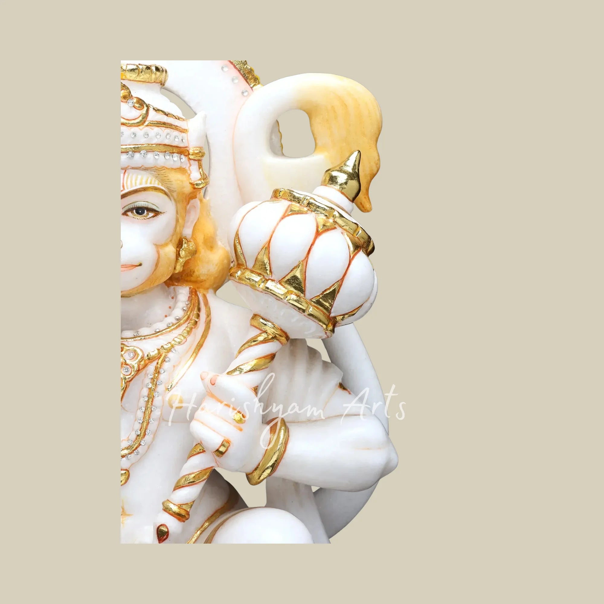 18" White Marble Bajrangbali Hanuman Statue with Golden Gada and Blessing Pose