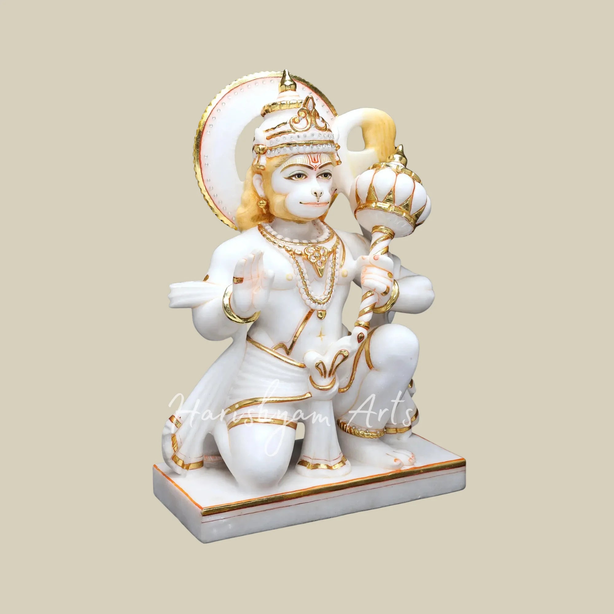 18" White Marble Bajrangbali Hanuman Statue with Golden Gada and Blessing Pose