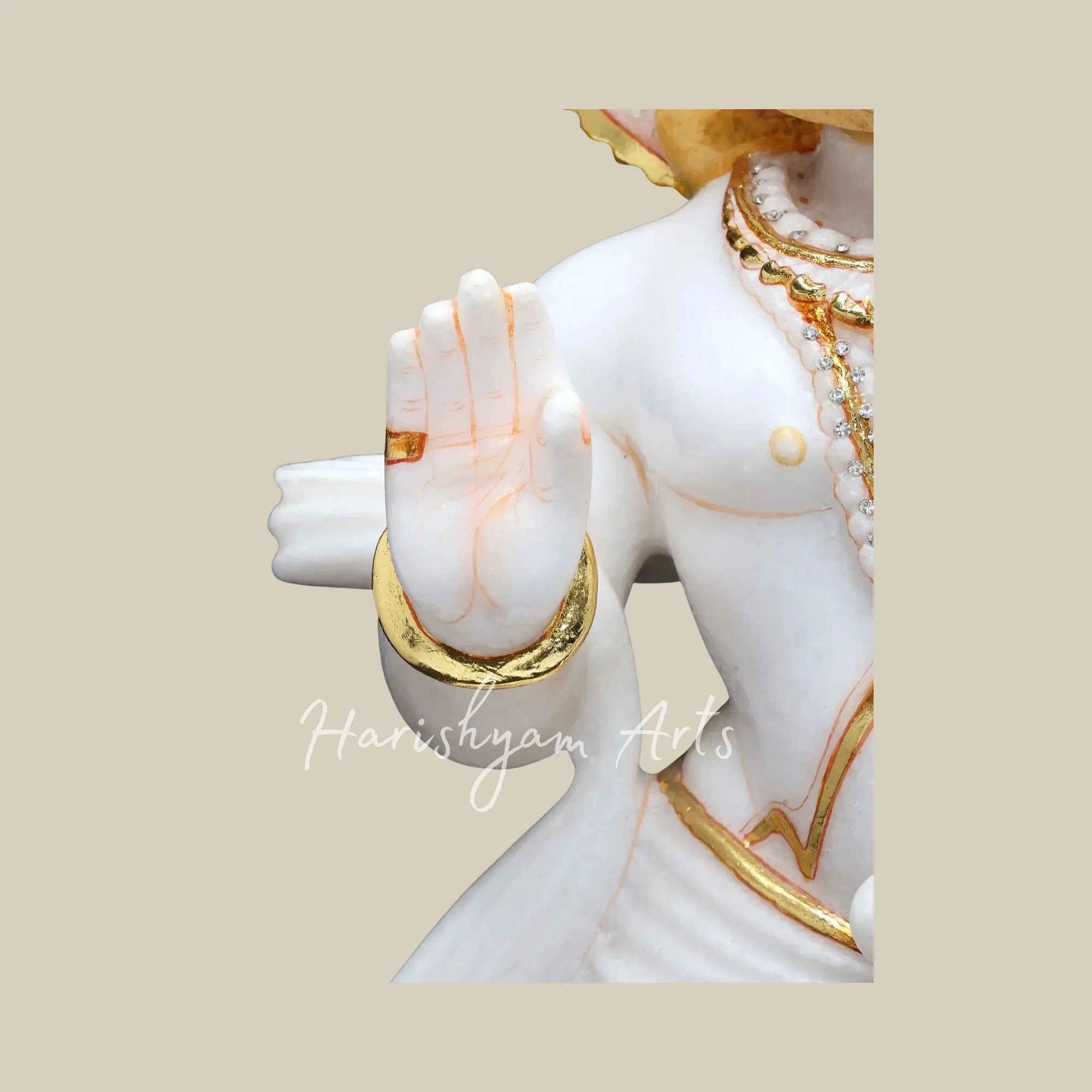 18" White Marble Bajrangbali Hanuman Statue with Golden Gada and Blessing Pose