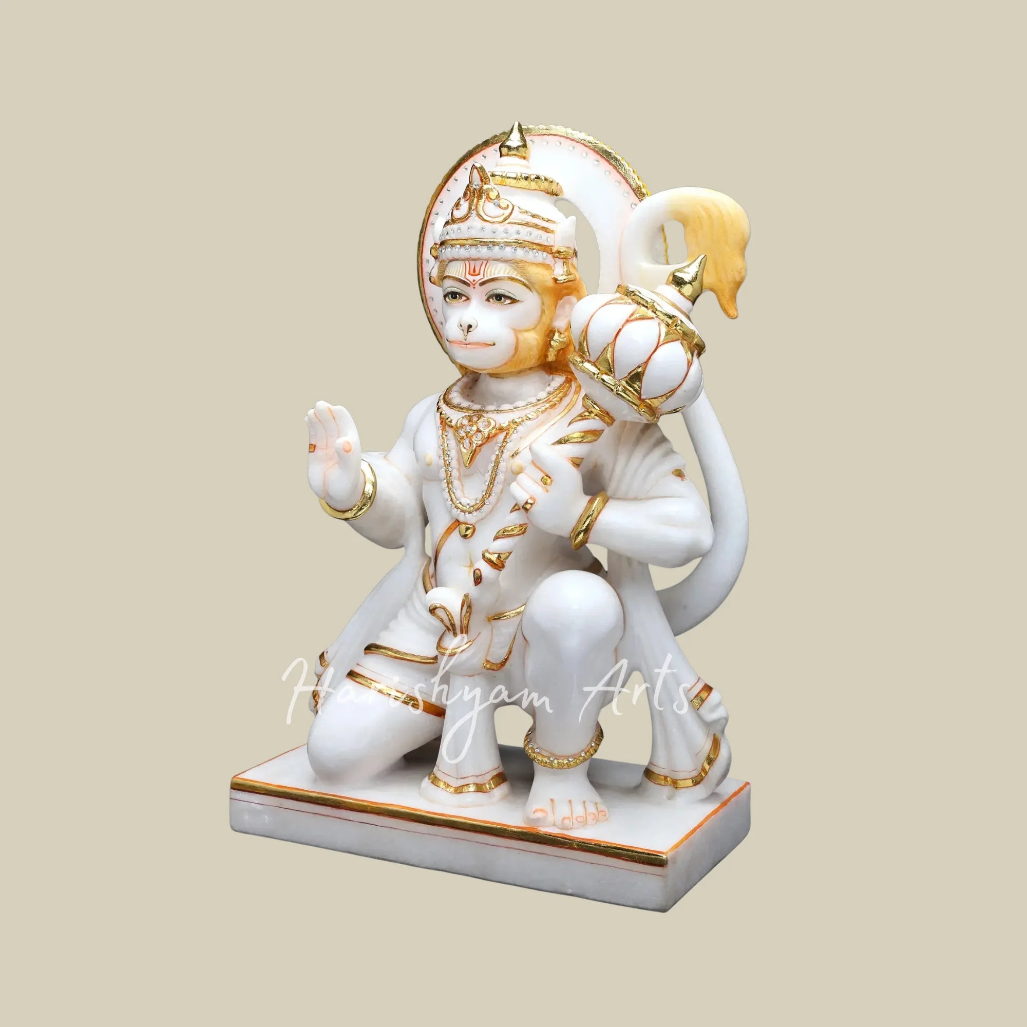 18" White Marble Bajrangbali Hanuman Statue with Golden Gada and Blessing Pose