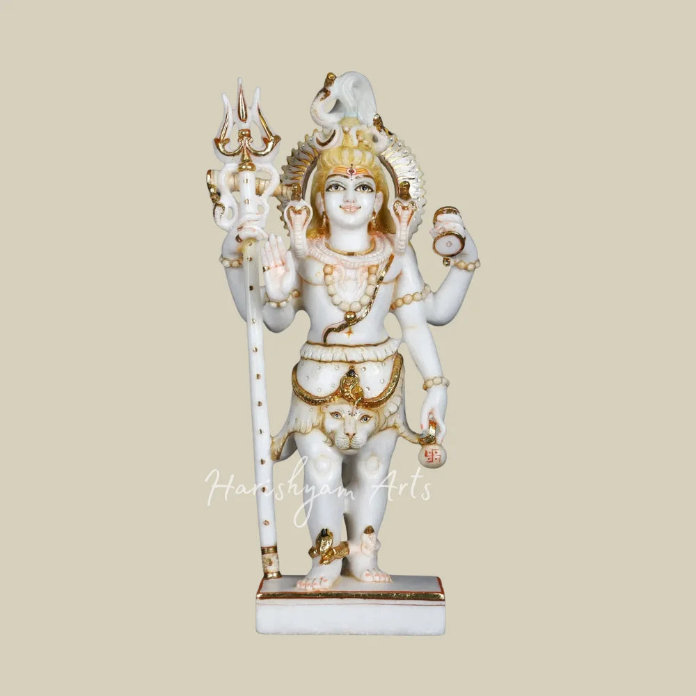 18" White Marble Standing Lord Shiva Moorti with Trishul Damru and Sacred Serpent