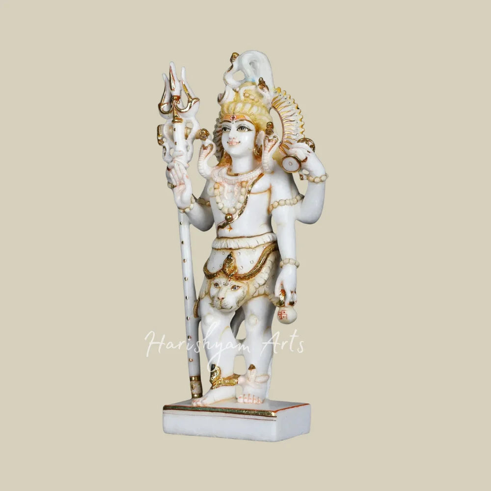 18" White Marble Standing Lord Shiva Moorti with Trishul Damru and Sacred Serpent
