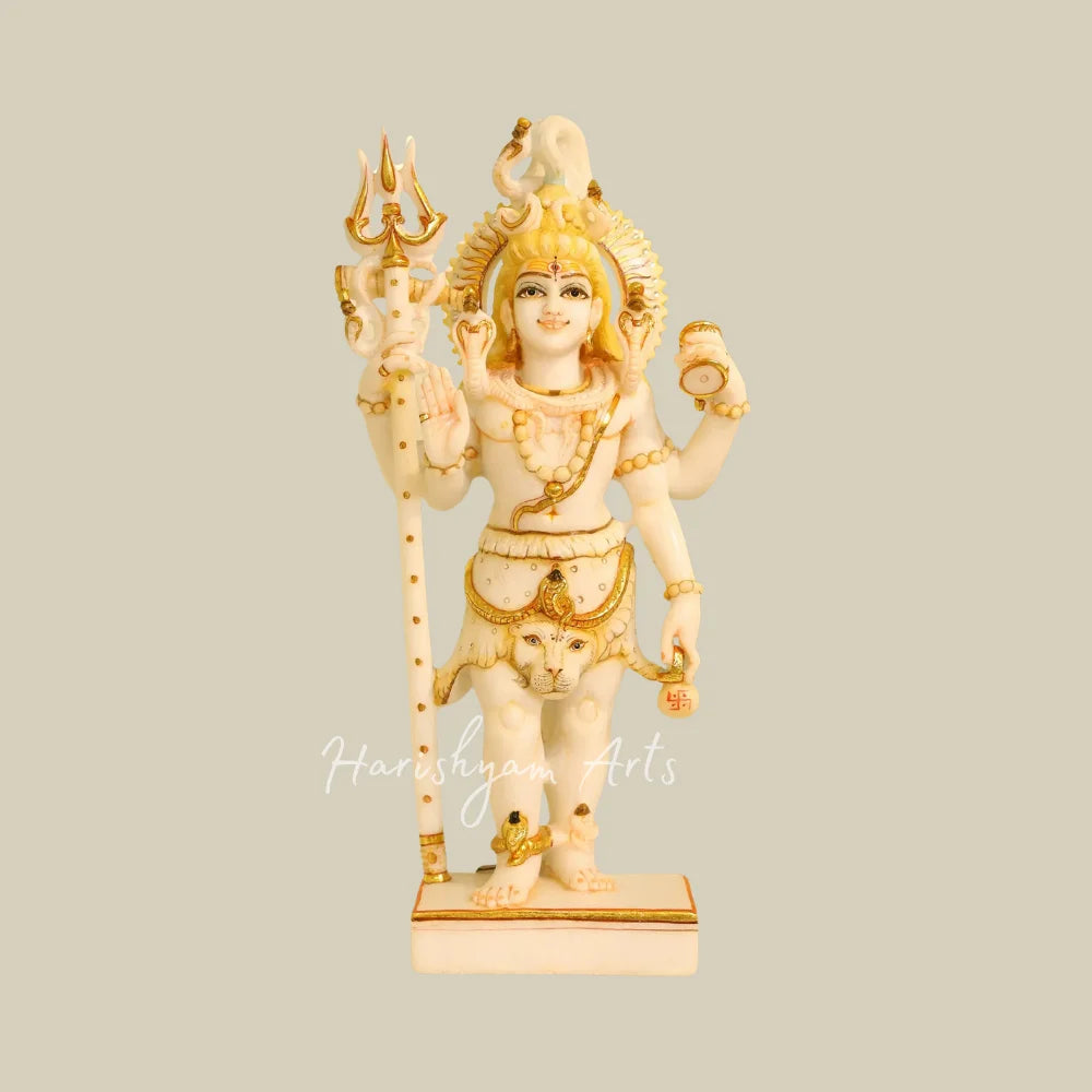 18" White Marble Standing Lord Shiva Moorti with Trishul Damru and Sacred Serpent