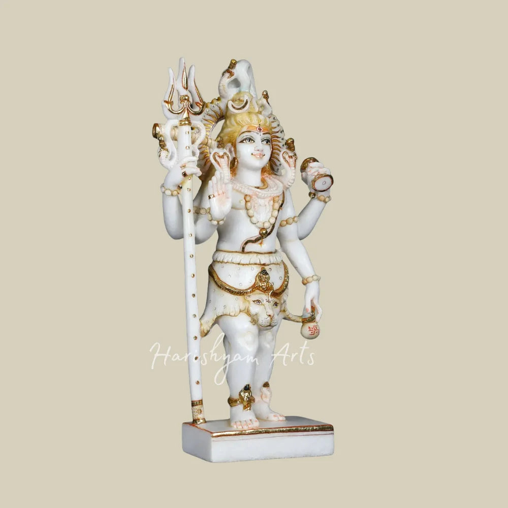 18" White Marble Standing Lord Shiva Moorti with Trishul Damru and Sacred Serpent