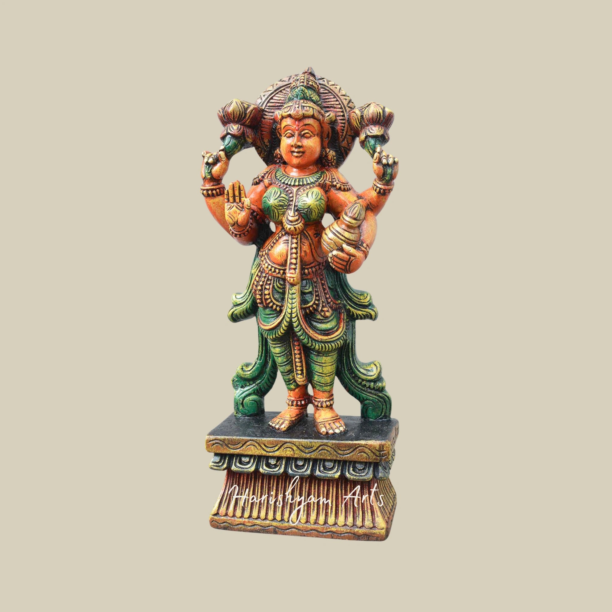 18" Wooden Goddess Lakshmi Statue for Worship, Seated on Lotus1