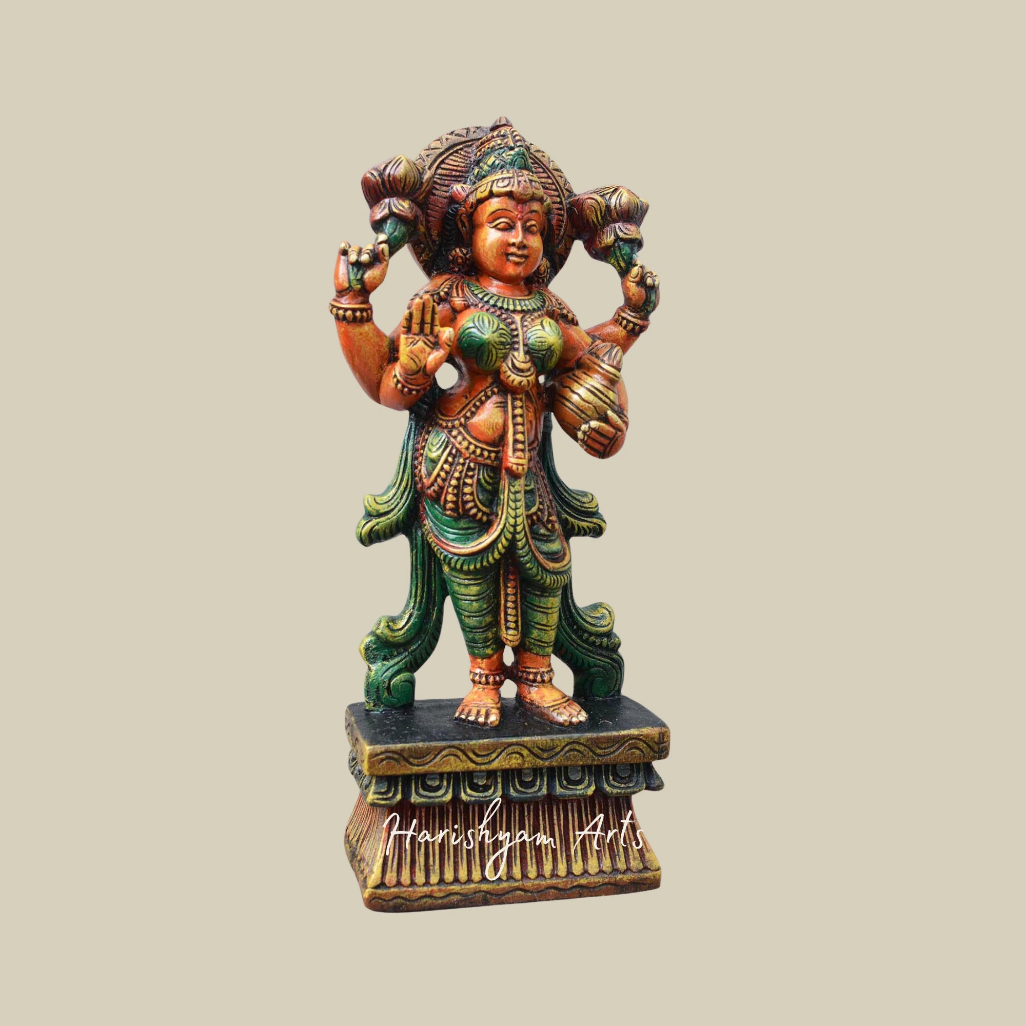 18" Wooden Goddess Lakshmi Statue for Worship, Seated on Lotus2