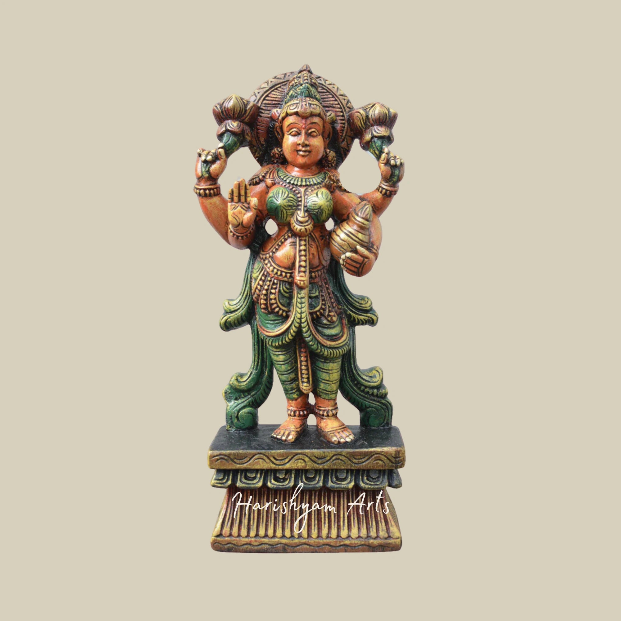 18" Wooden Goddess Lakshmi Statue for Worship, Seated on Lotus3