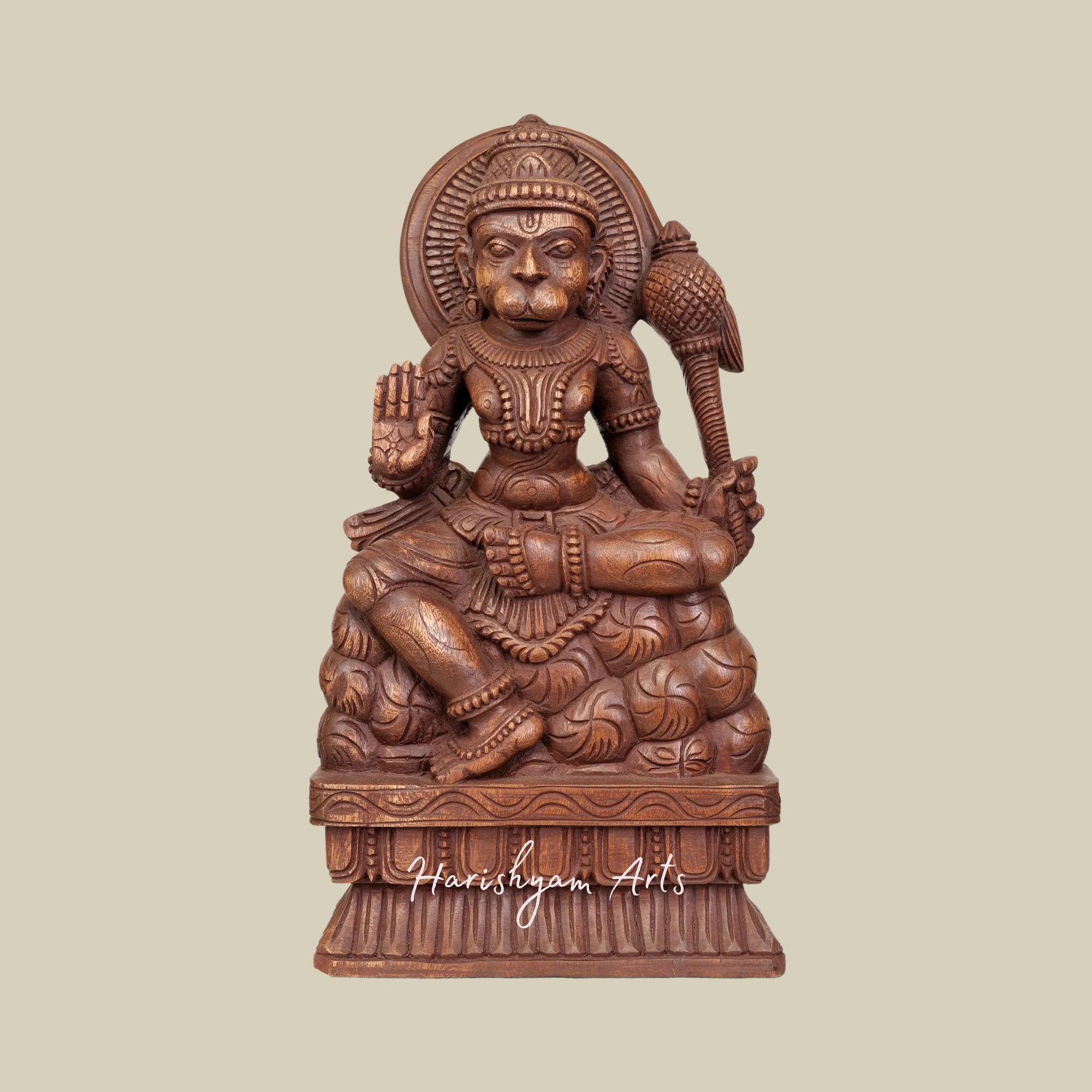 18" Wooden Hanuman Ji Granting Abhaya Mudra Blessings