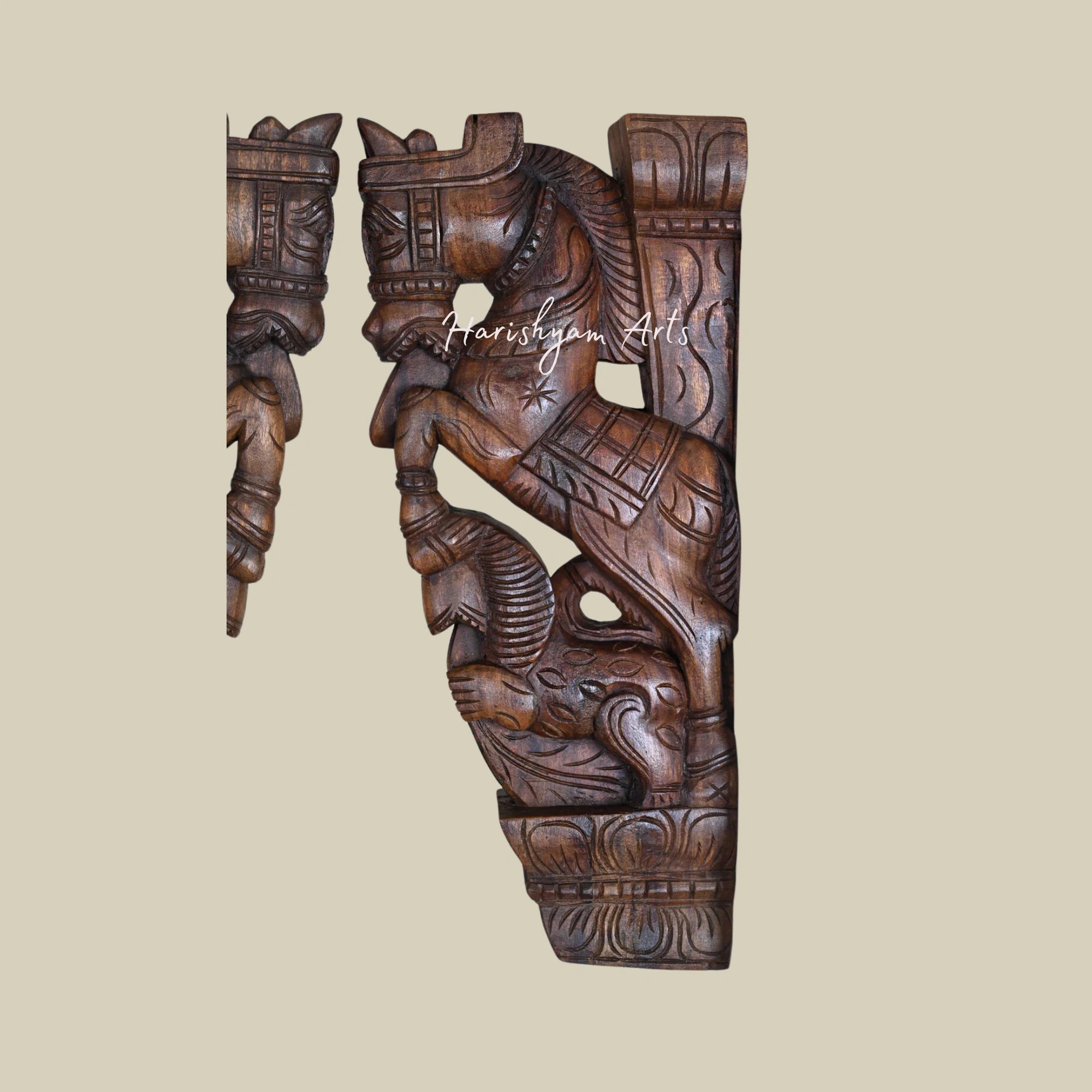 18" Wooden Wall Brackets with Elevated Horse and Twin Yaazhi Hooks3