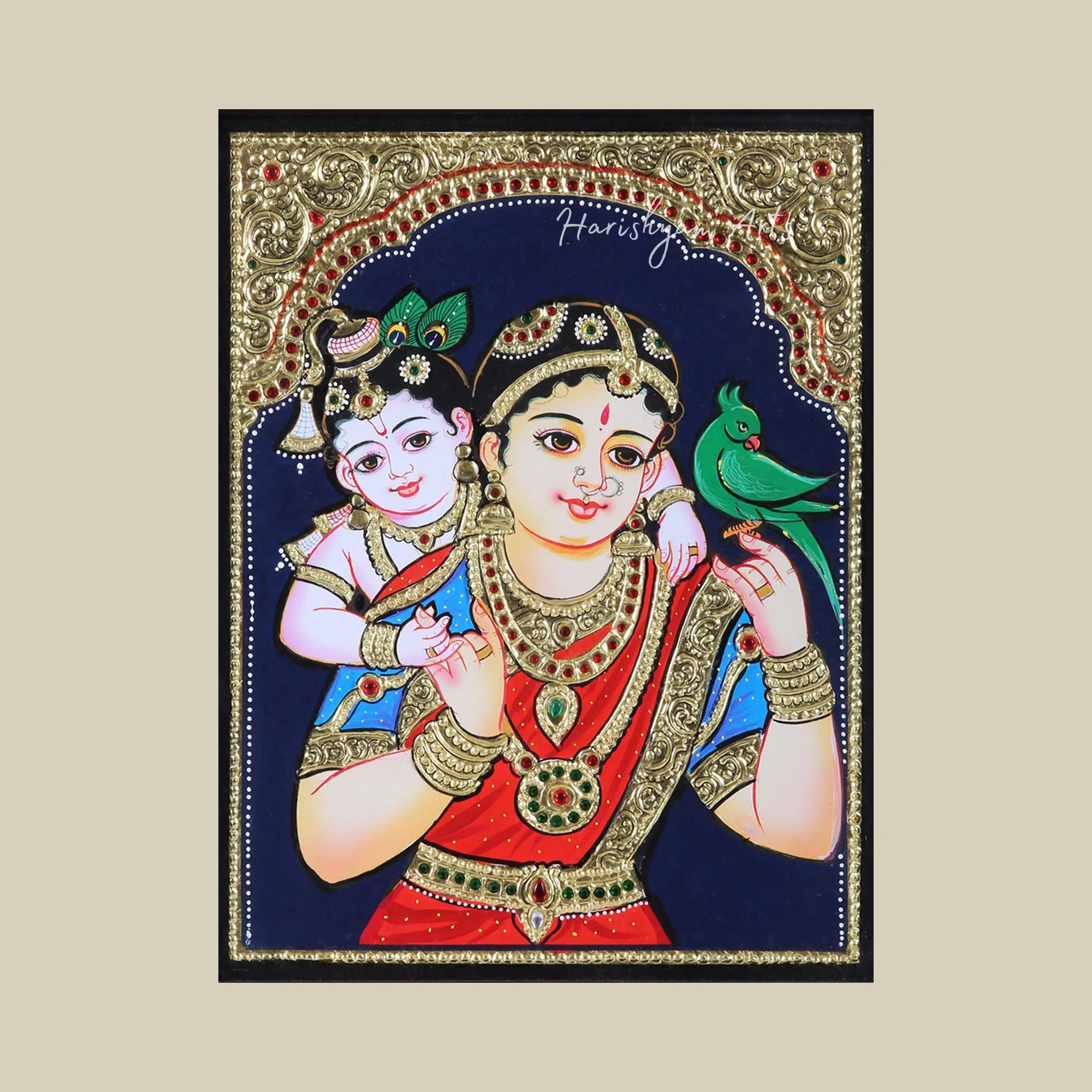 18" Yashoda Krishna Tanjore Painting with Premium Teak Wood Frame