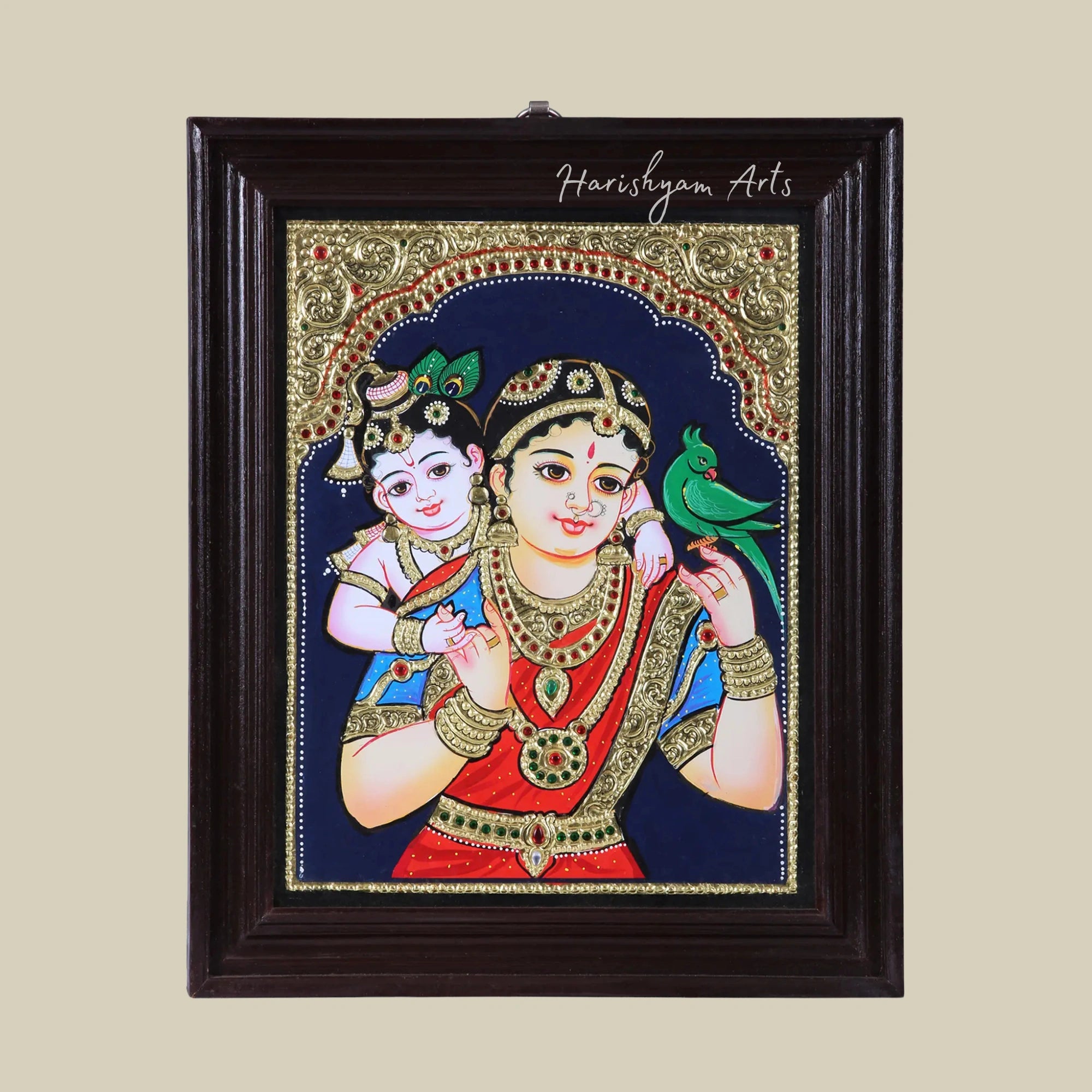 18" Yashoda Krishna Tanjore Painting with Premium Teak Wood Frame