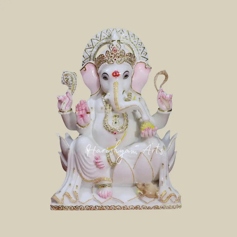 18 inches Chaturbhuja Lord Ganesha On Lotus Throne Makrana Marble Moorti