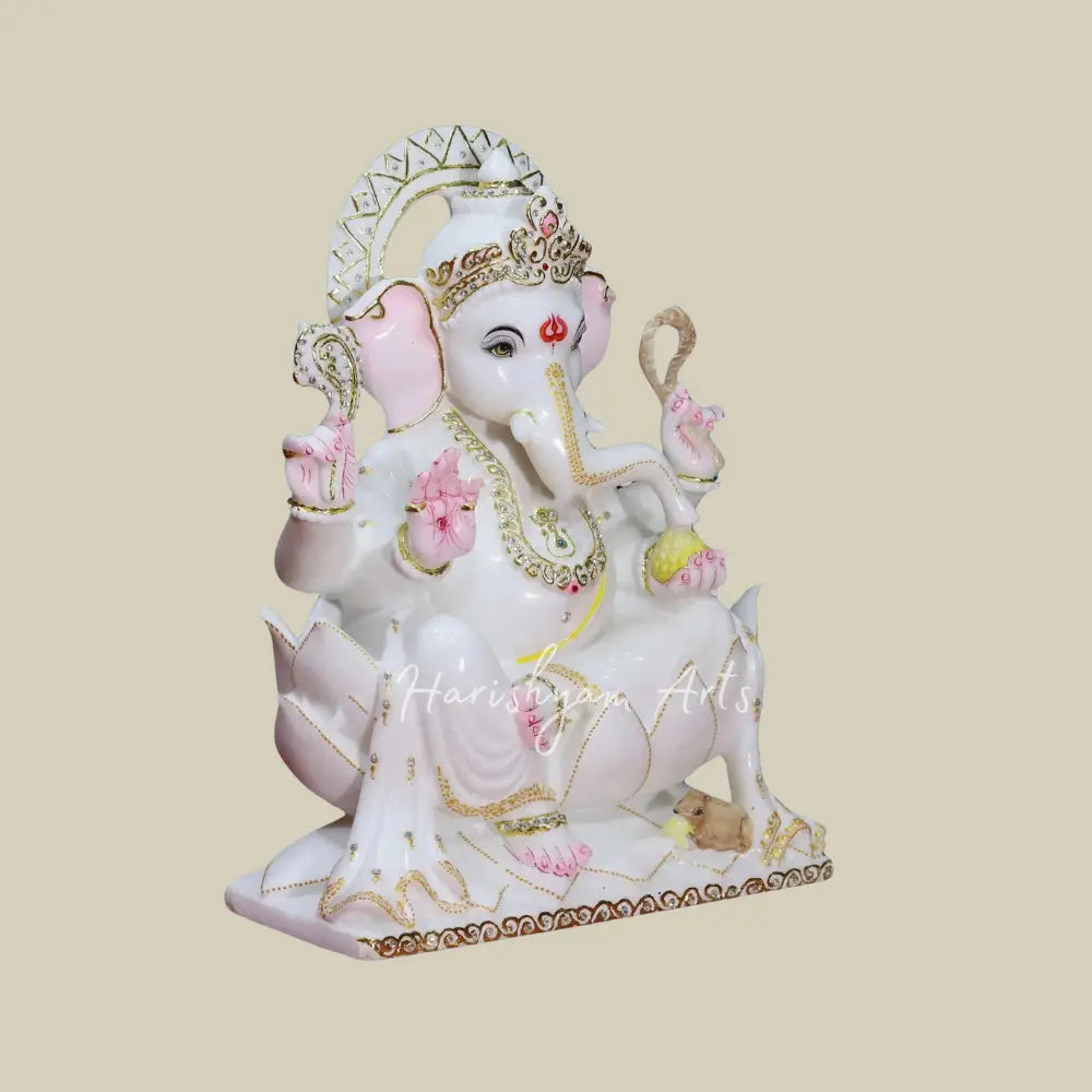 18 inches Chaturbhuja Lord Ganesha On Lotus Throne Makrana Marble Moorti