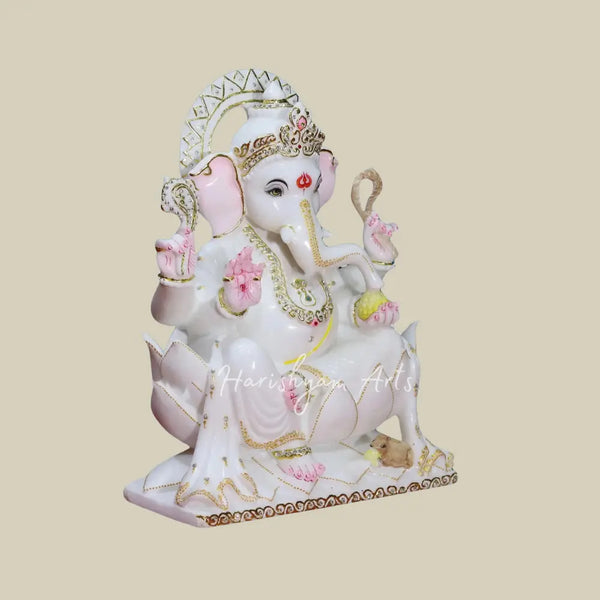 18 inches Chaturbhuja Lord Ganesha On Lotus Throne Makrana Marble Moorti