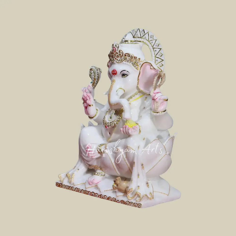 18 inches Chaturbhuja Lord Ganesha On Lotus Throne Makrana Marble Moorti