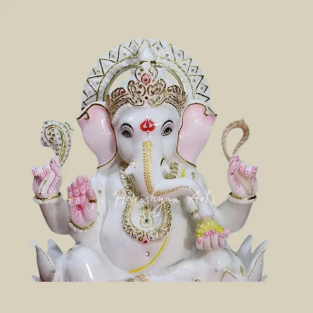 18 inches Chaturbhuja Lord Ganesha On Lotus Throne Makrana Marble Moorti