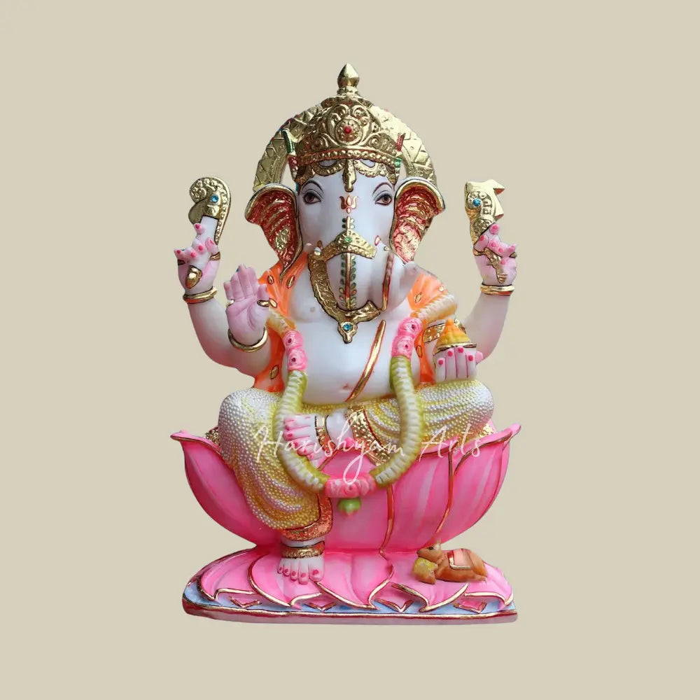 18" Ganesha Sitting on Lotus Statue in White Makrana Marble