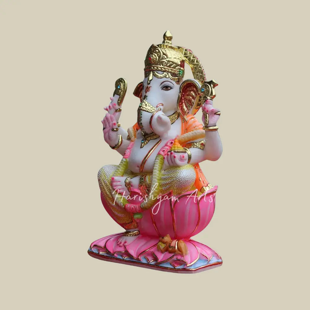 18" Ganesha Sitting on Lotus Statue in White Makrana Marble