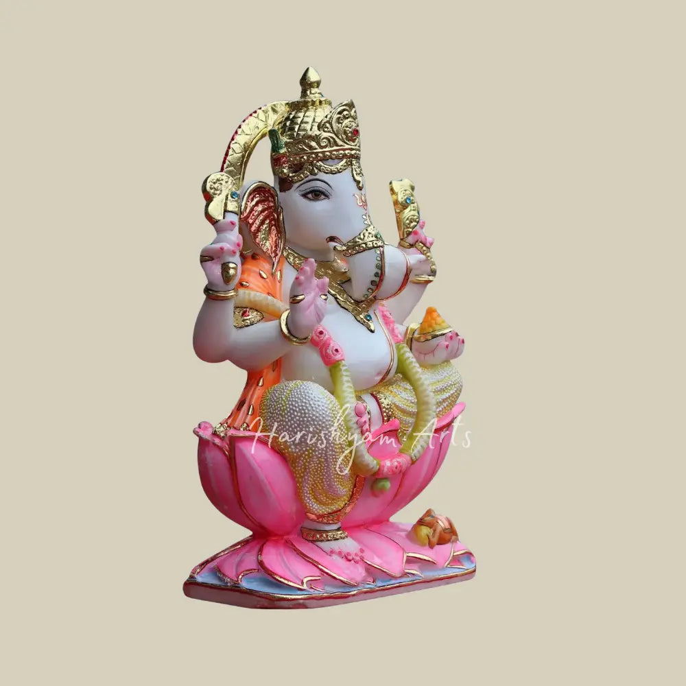 18" Ganesha Sitting on Lotus Statue in White Makrana Marble