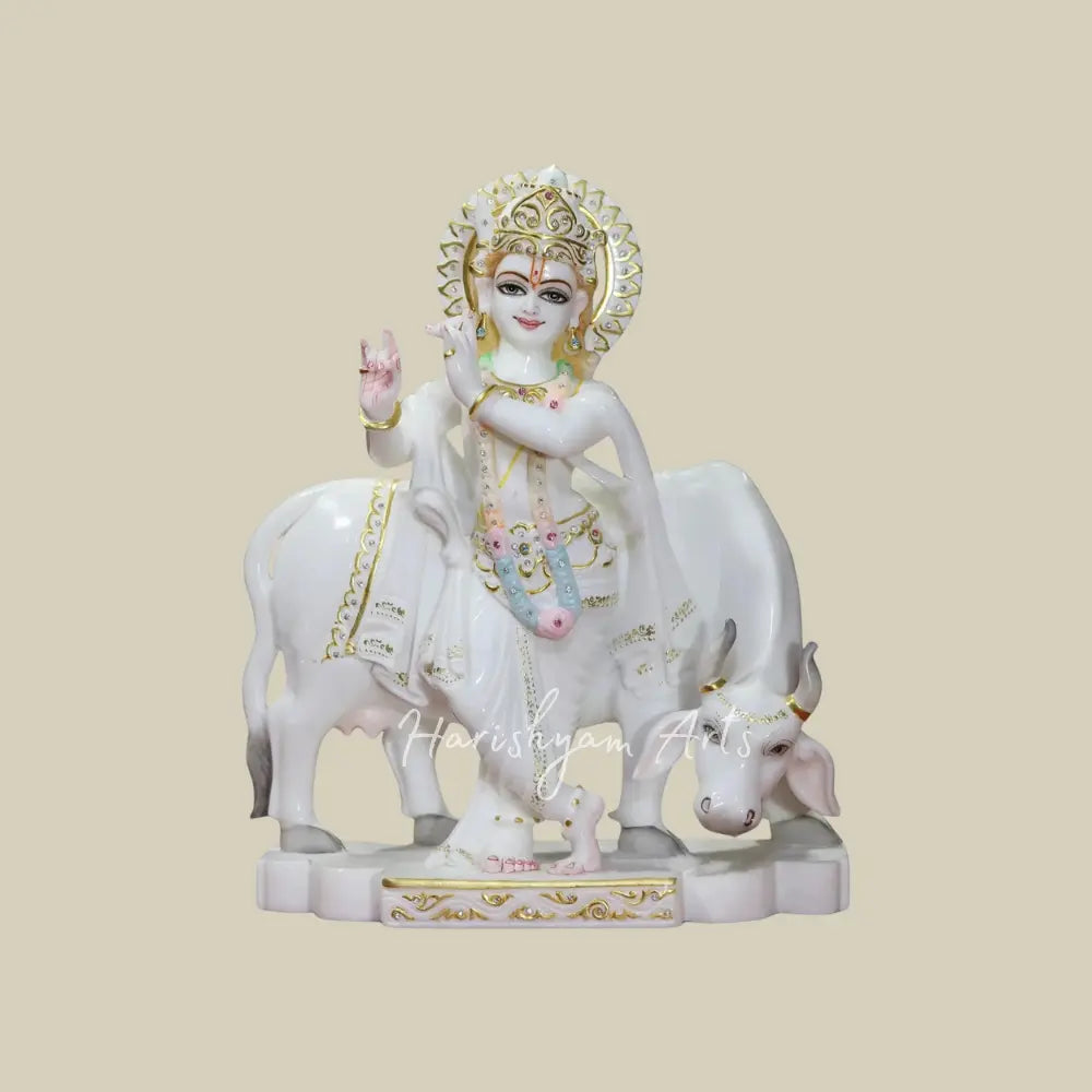 18" Lord Krishna Statue with Cow in marble