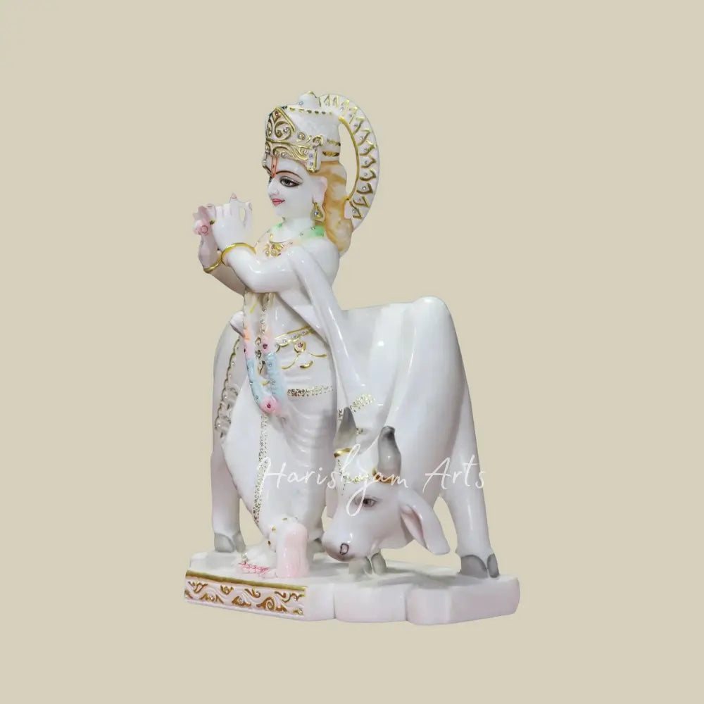 18" Lord Krishna Statue with Cow in marble