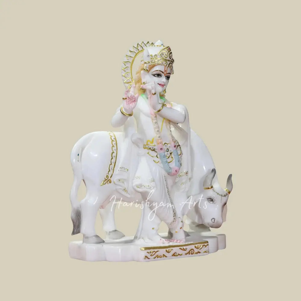 18" Lord Krishna Statue with Cow in marble