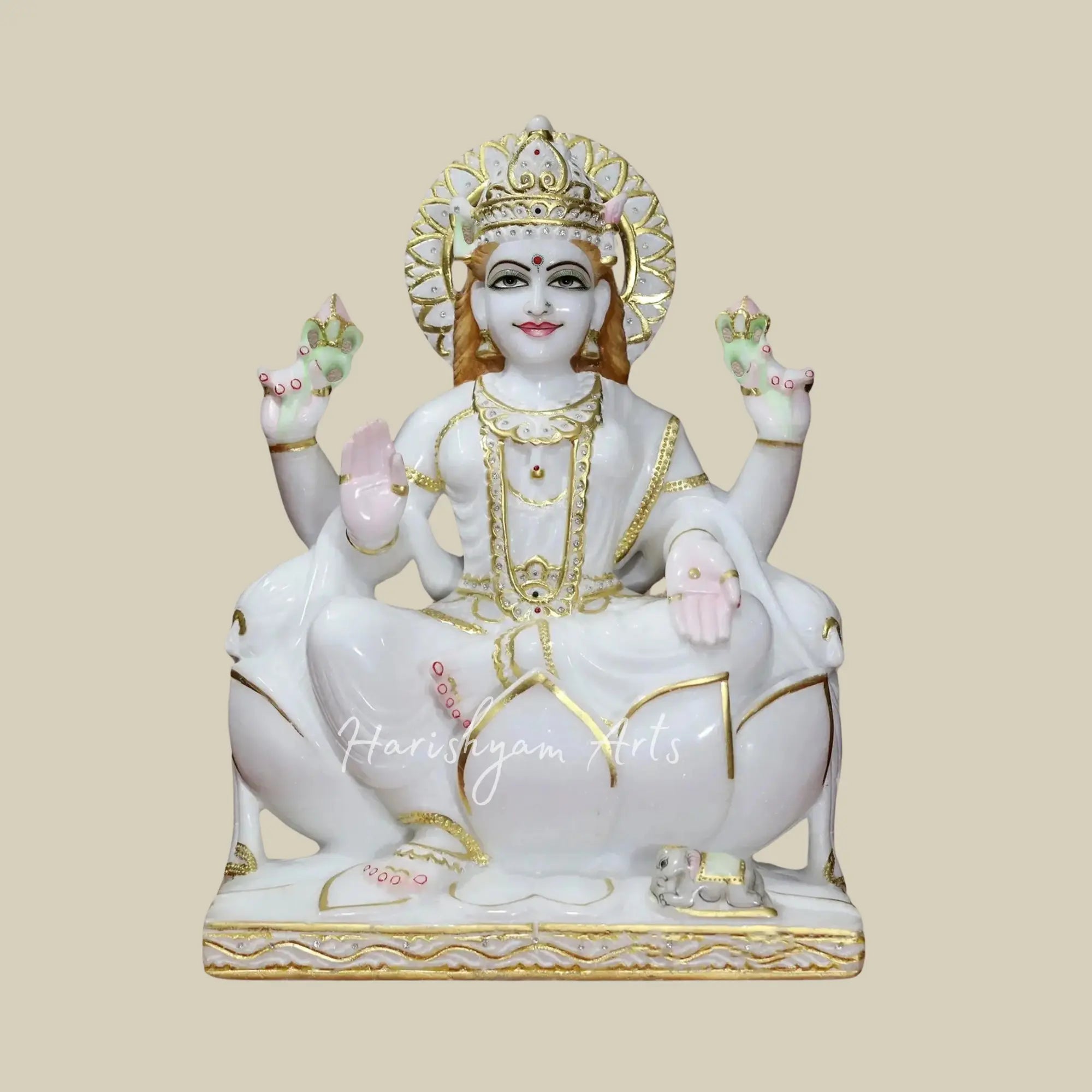 18 inches Lotus Marble Lakshmi Mata Statue with Four Hands