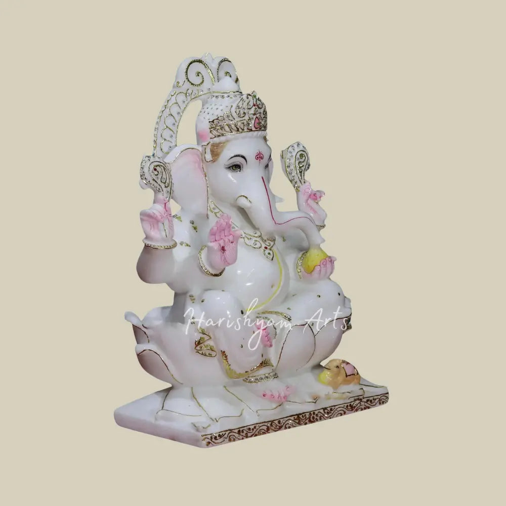 18" Makrana Marble Ganesha On Lotus in Abhyamudra