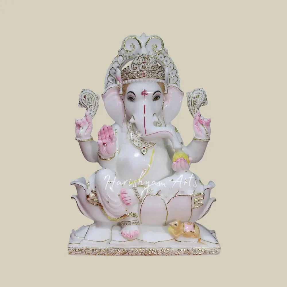 18" Makrana Marble Ganesha On Lotus in Abhyamudra