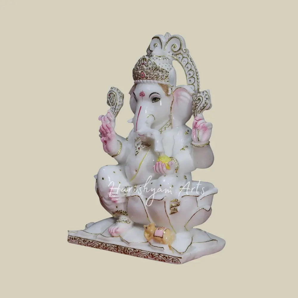 18" Makrana Marble Ganesha On Lotus in Abhyamudra