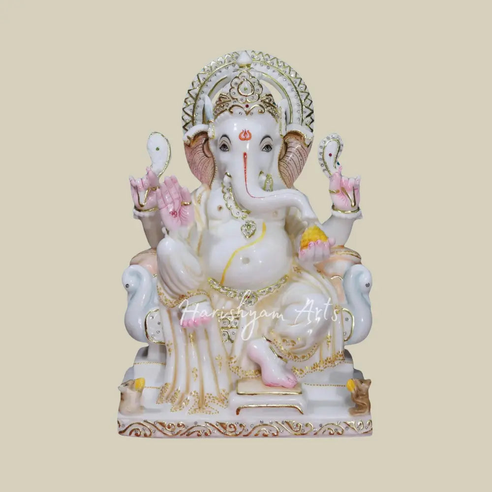 18" Seated Ganesha On Peacock Design Throne Marble Statue