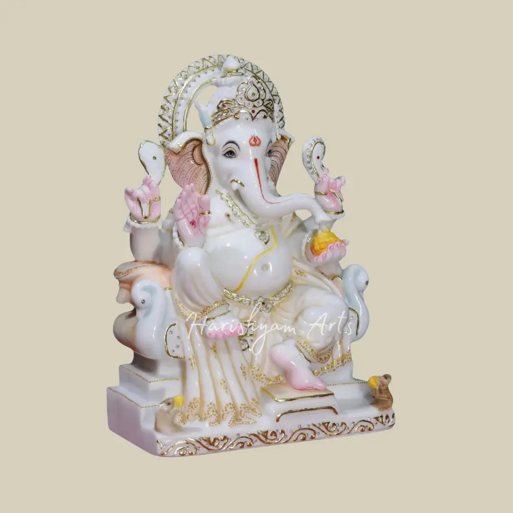 18" Seated Ganesha On Peacock Design Throne Marble Statue