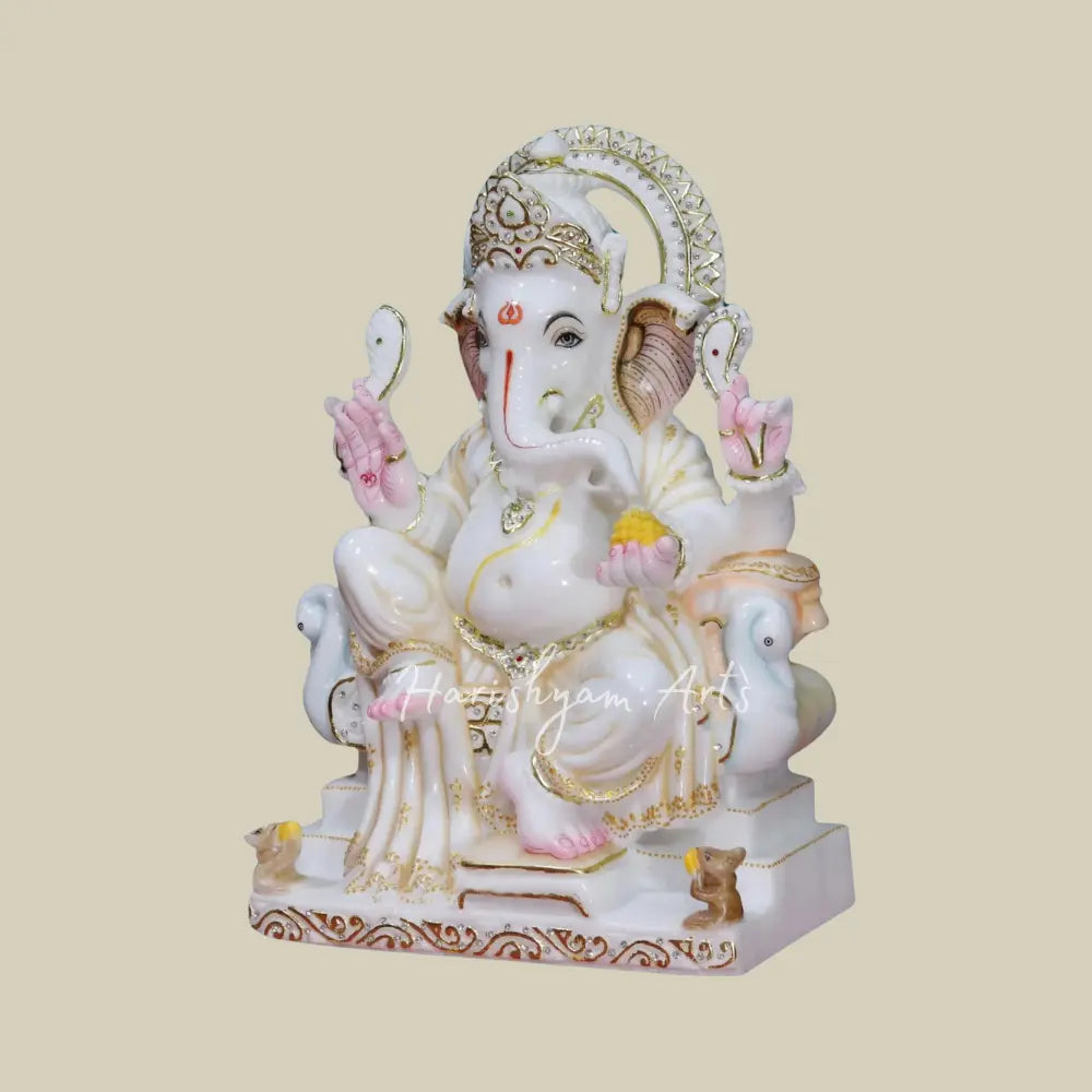 18" Seated Ganesha On Peacock Design Throne Marble Statue