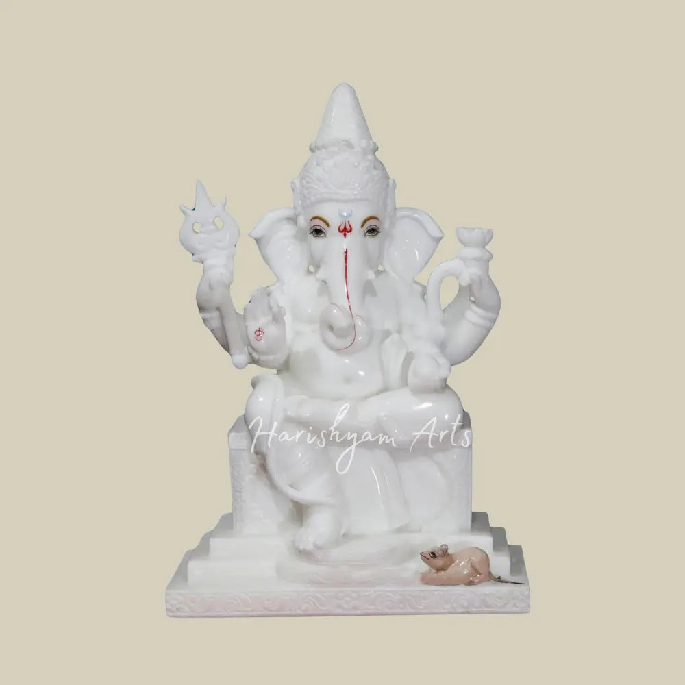 18" Seated Lord Ganesha With Trident in Vietnam Marble