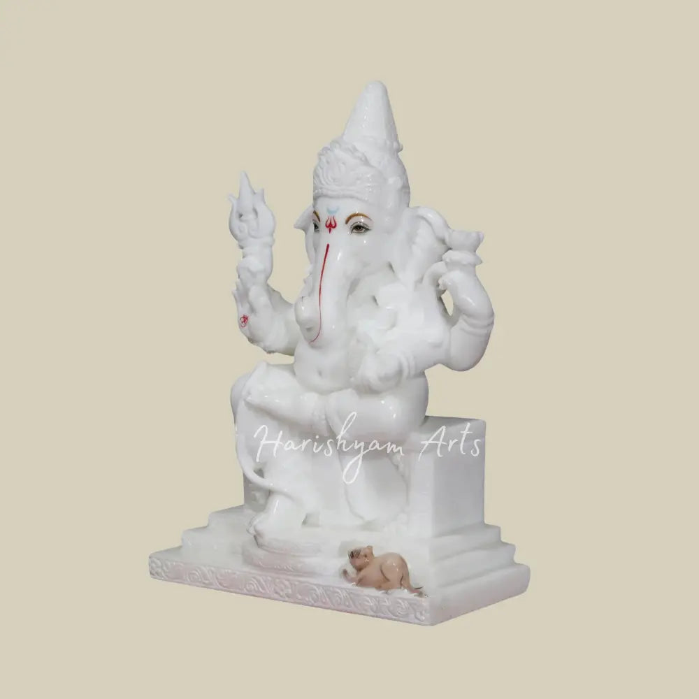 18" Seated Lord Ganesha With Trident in Vietnam Marble